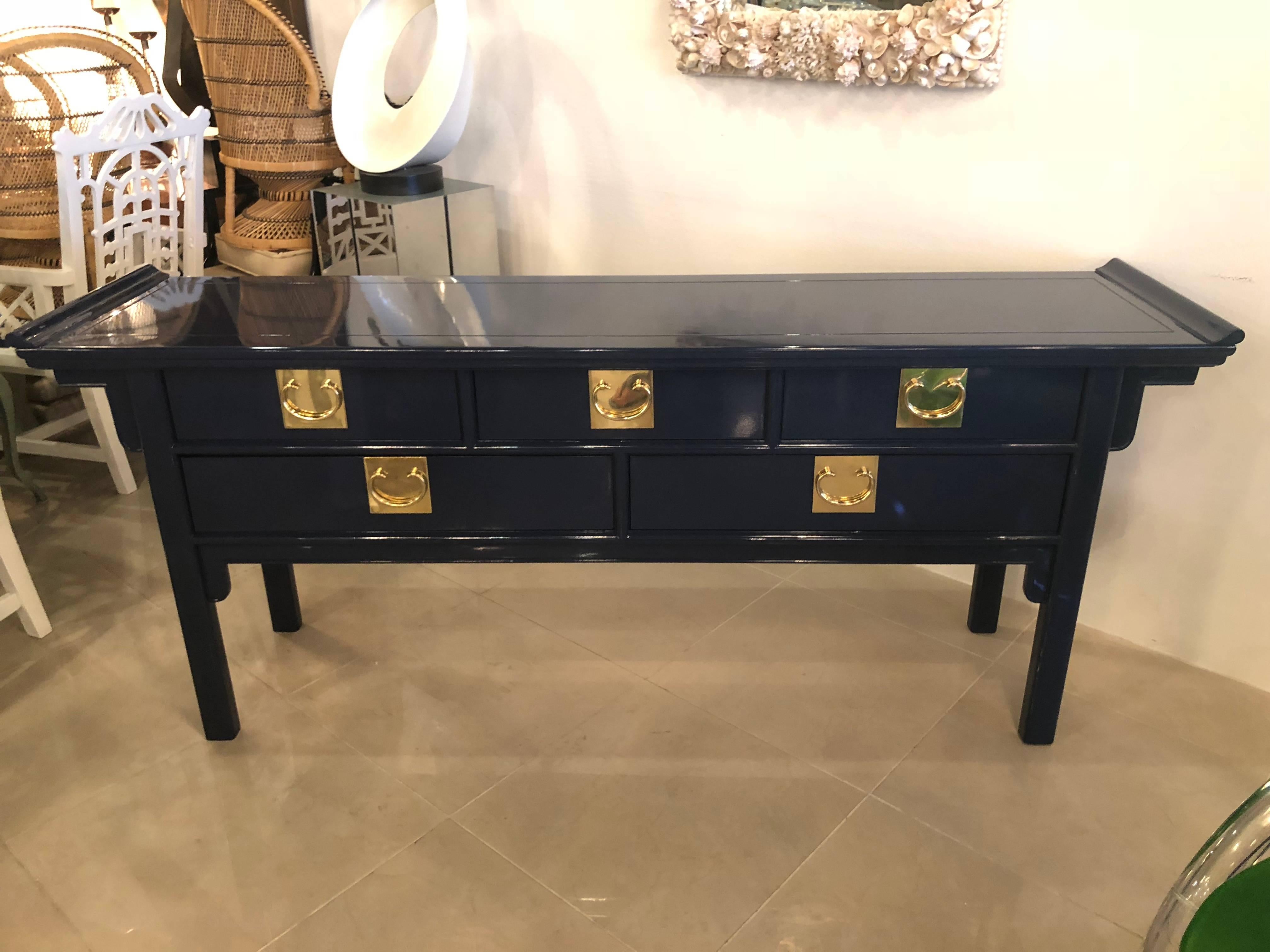 Hollywood Regency Pagoda Console Table by Century Newly Lacquered Navy Blue Brass Pulls