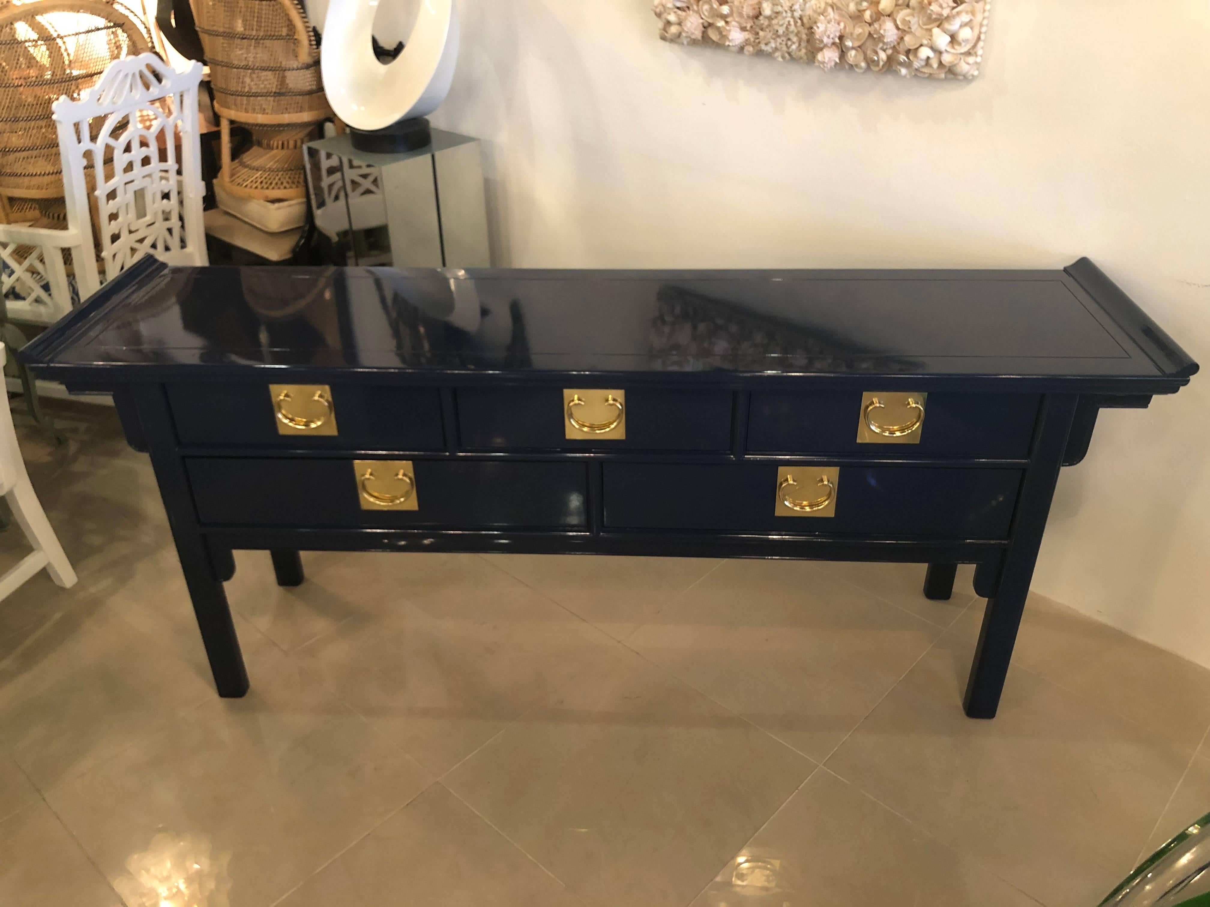 American Pagoda Console Table by Century Newly Lacquered Navy Blue Brass Pulls