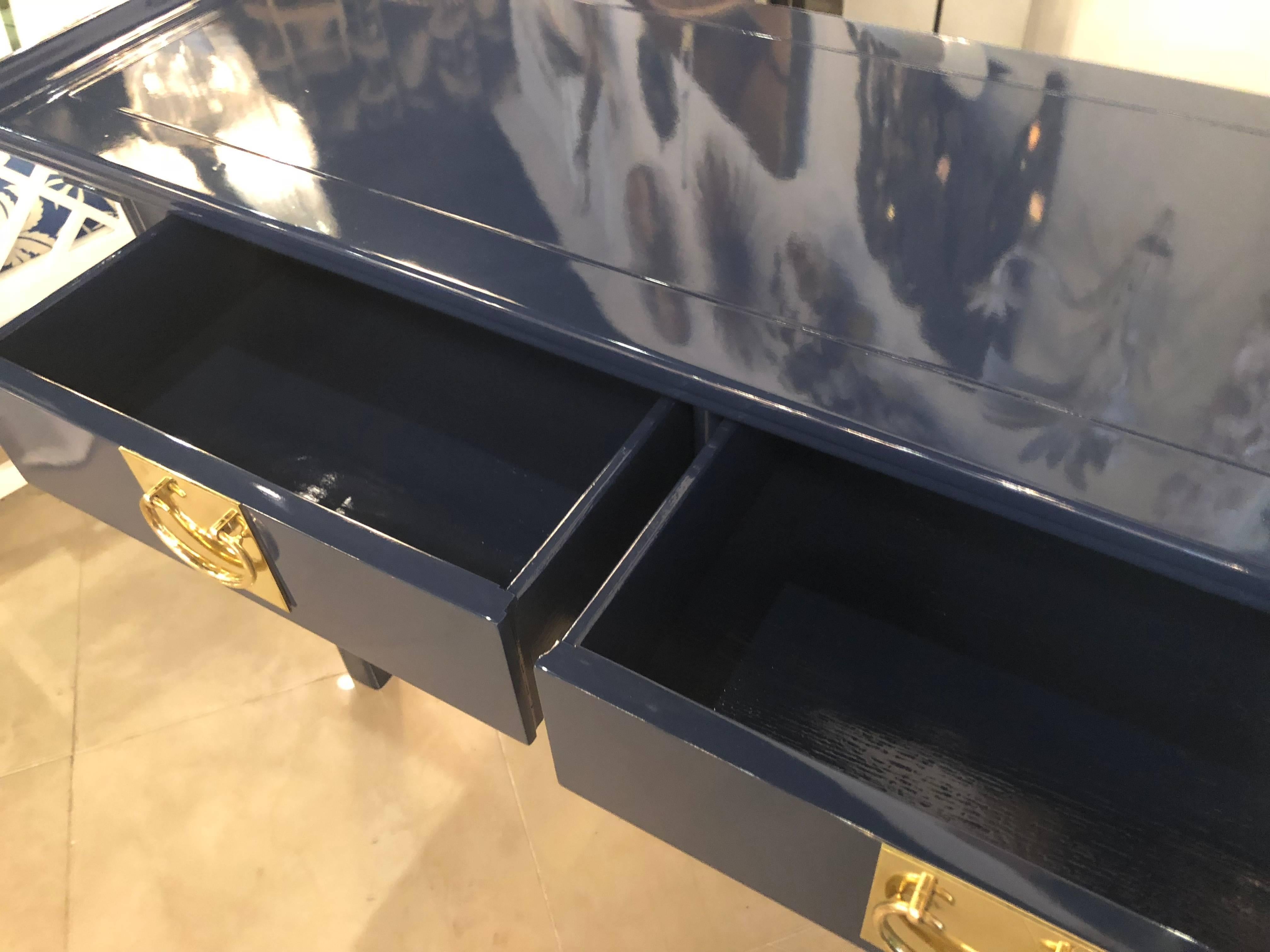 Late 20th Century Pagoda Console Table by Century Newly Lacquered Navy Blue Brass Pulls