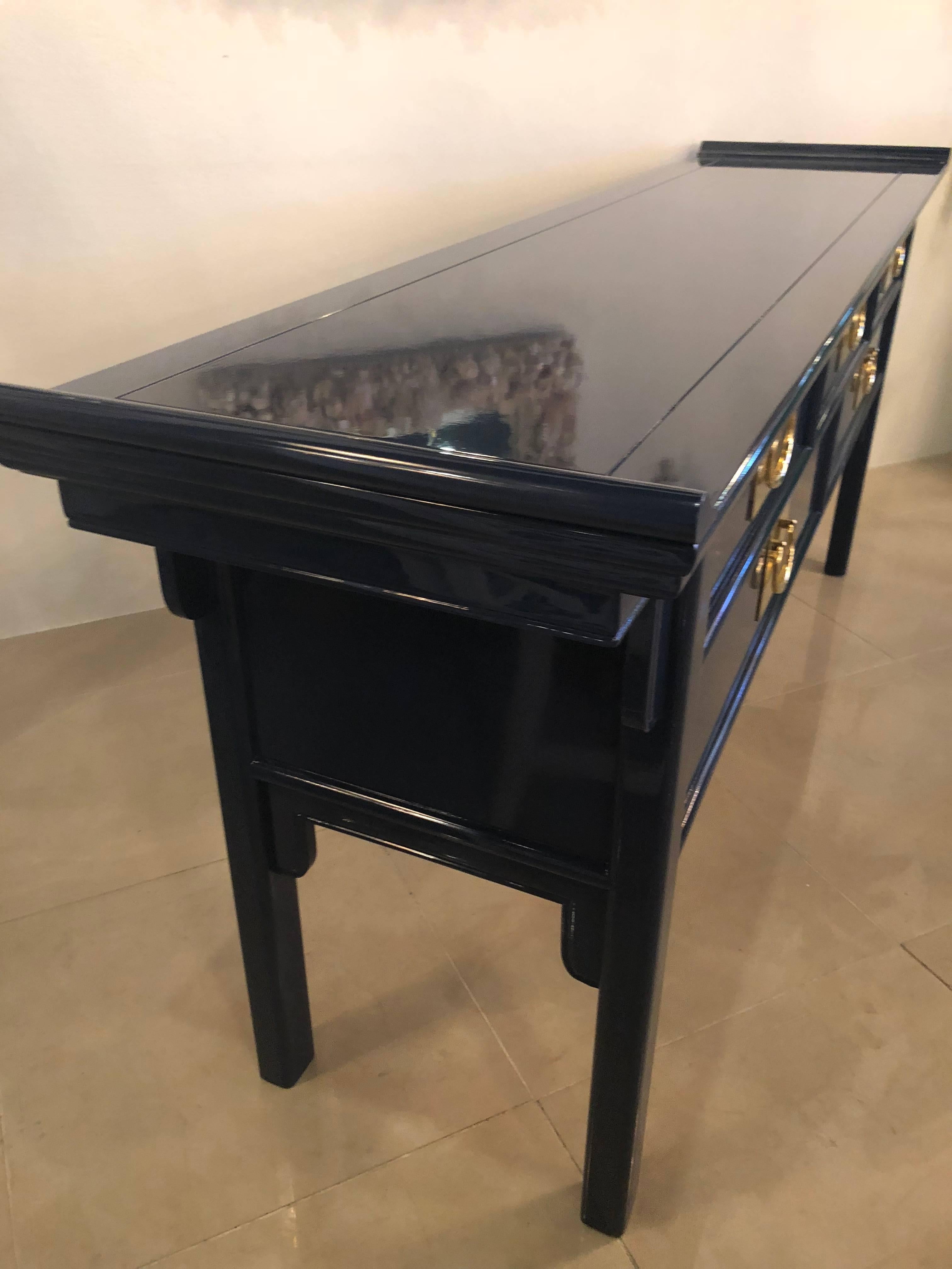 Pagoda Console Table by Century Newly Lacquered Navy Blue Brass Pulls 2
