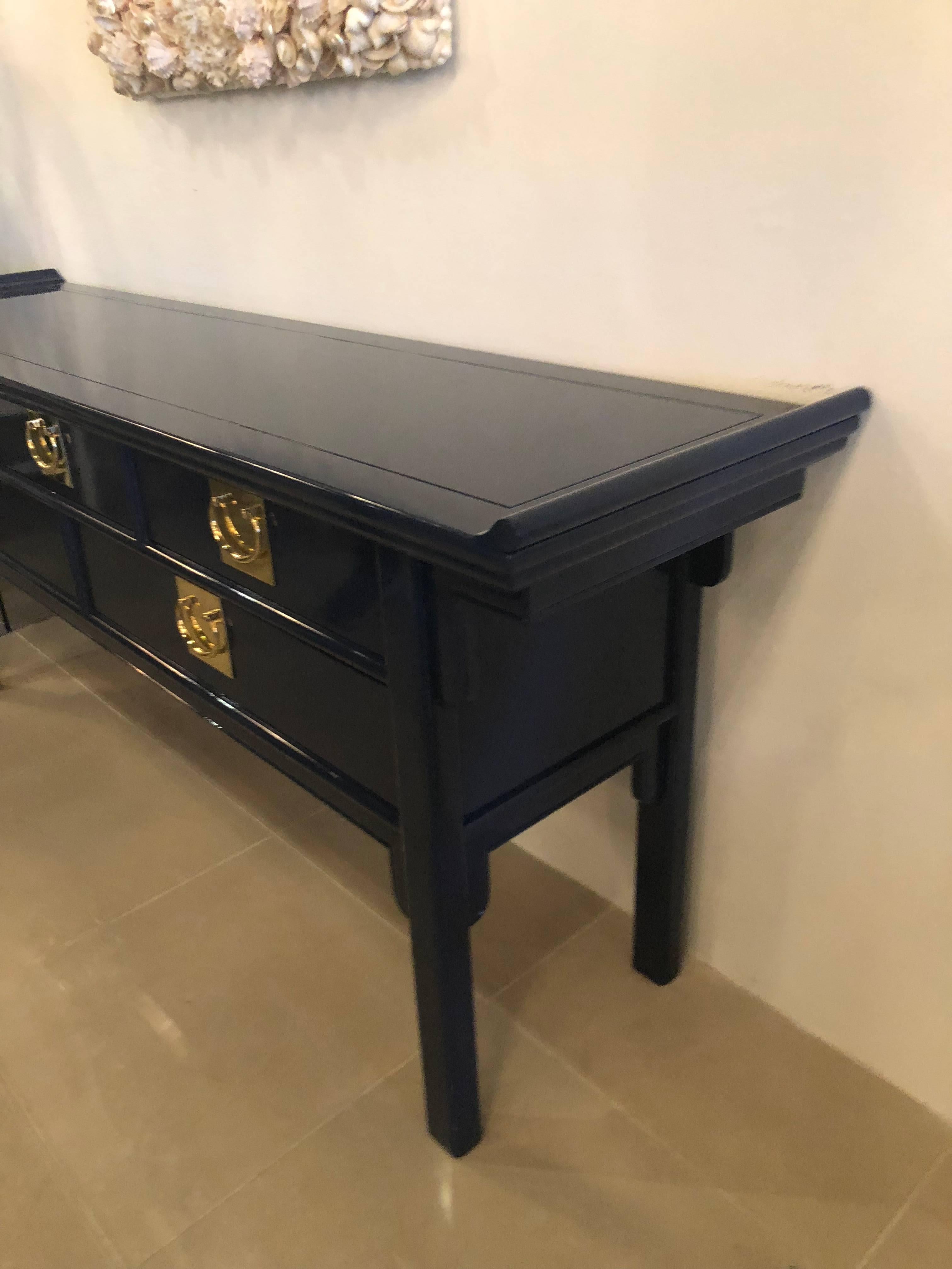 Pagoda Console Table by Century Newly Lacquered Navy Blue Brass Pulls 6