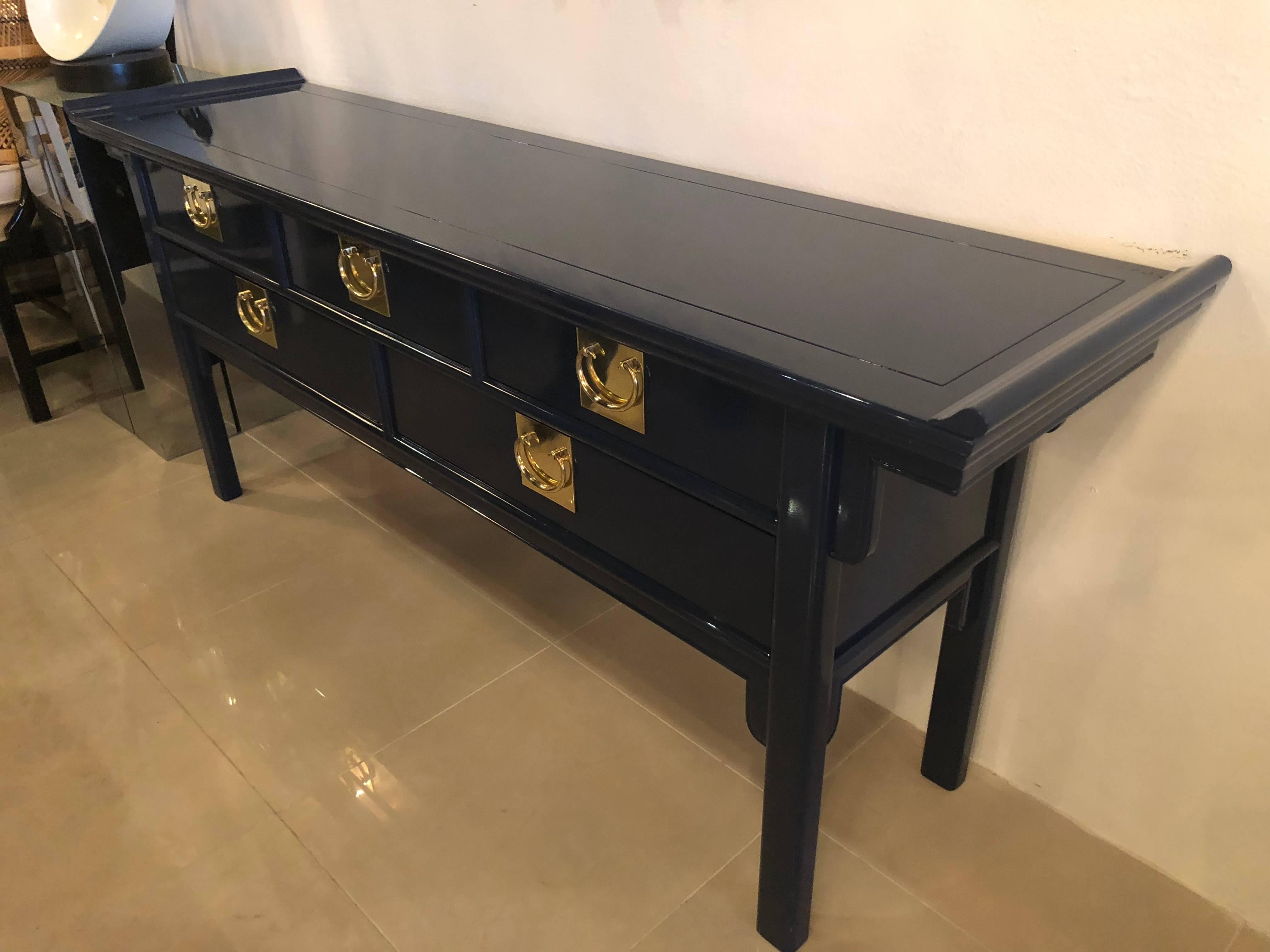 Pagoda Console Table by Century Newly Lacquered Navy Blue Brass Pulls 7