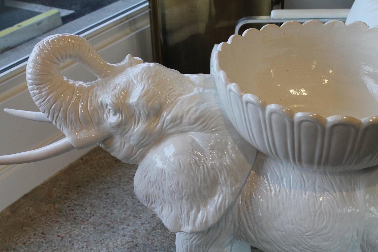 White Ceramic Life Size Baby Elephant Vintage Italian Garden Planter