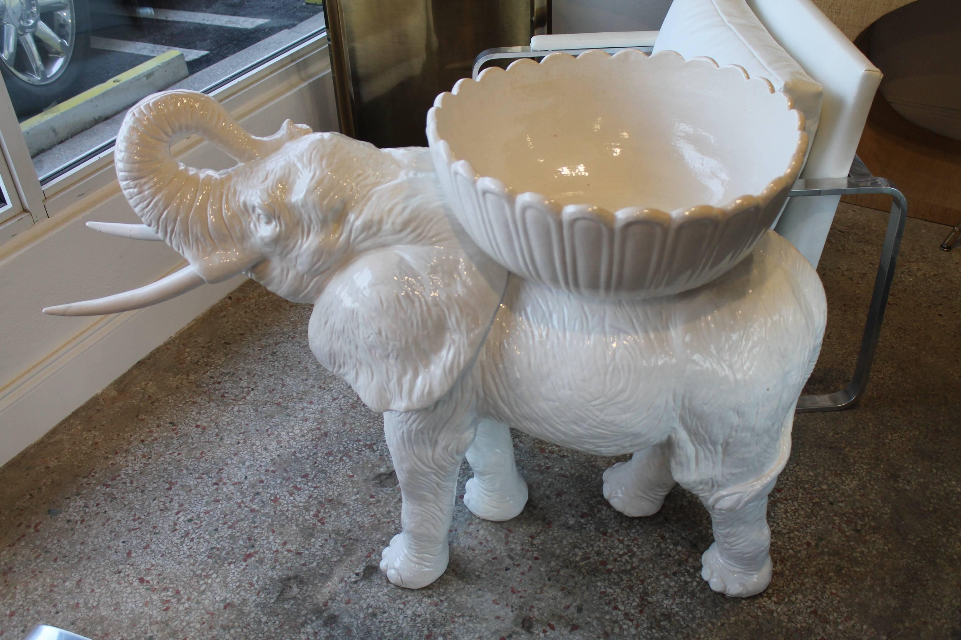 White Ceramic Life Size Baby Elephant Vintage Italian Garden Planter In Good Condition In West Palm Beach, FL