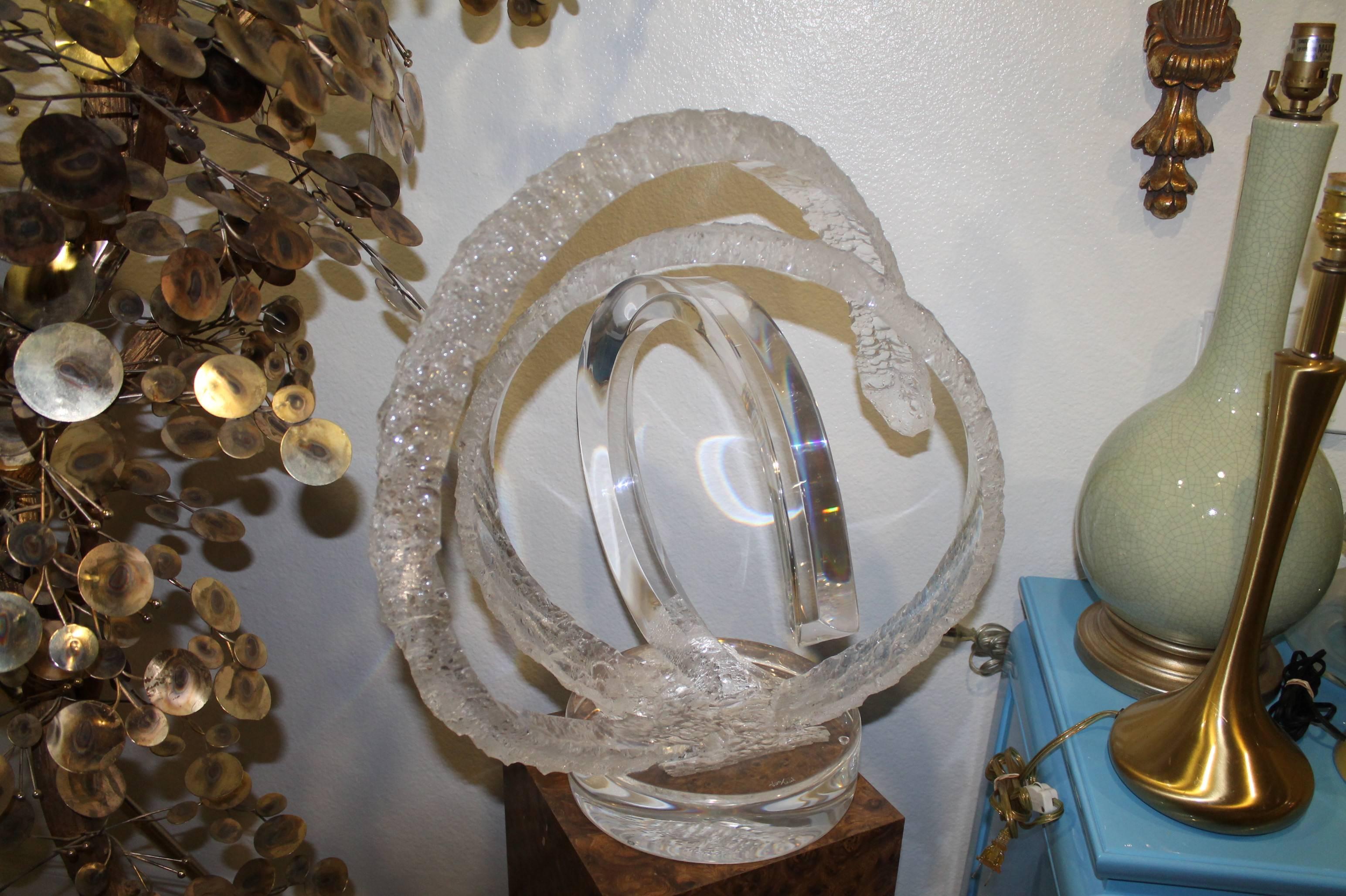 Signed Van Teal Lucite monumental sculpture large circular frosted and clear design. Perfect for the Hollywood Regency or Mid Century Modern décor!
