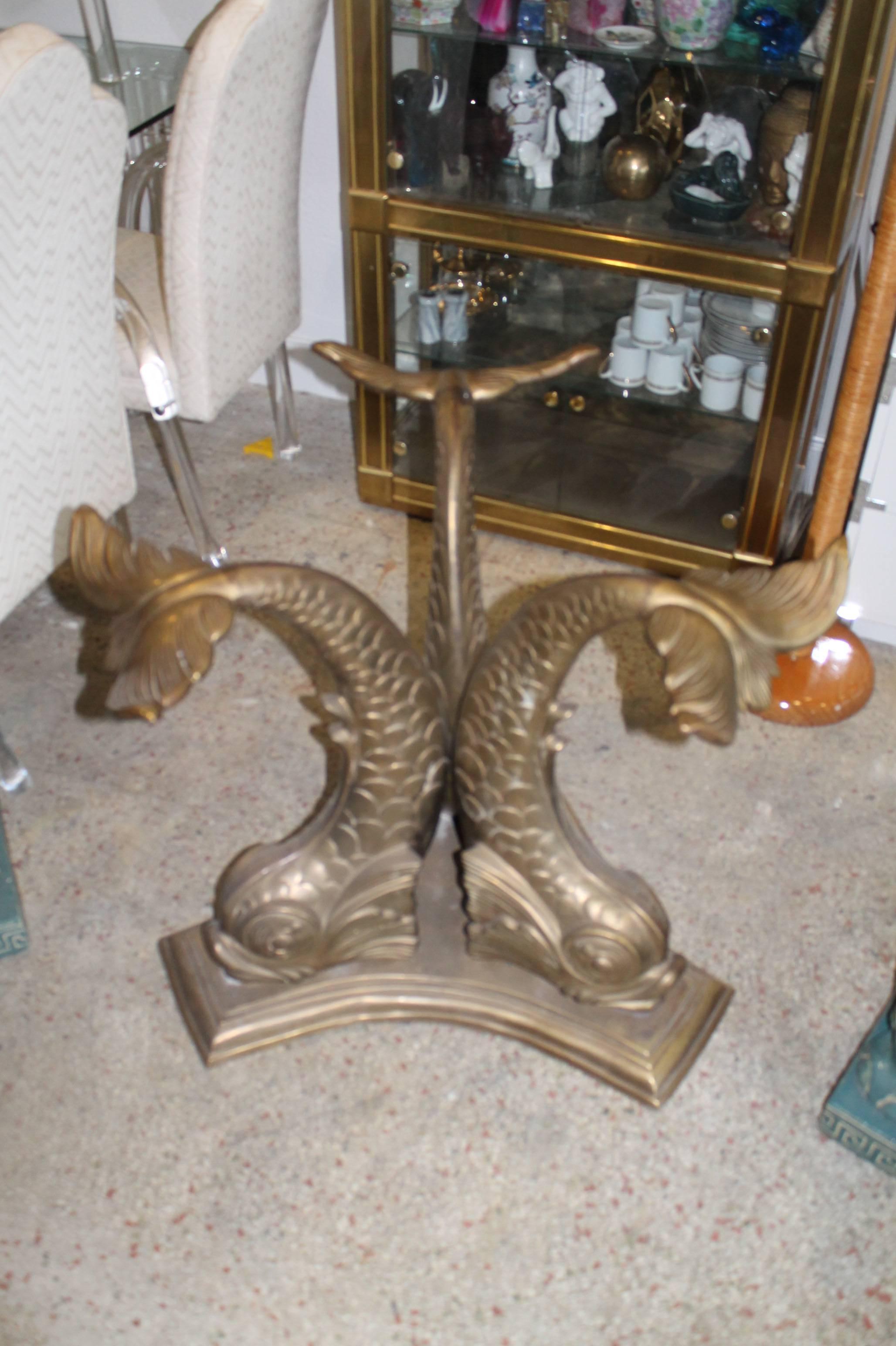 Vintage brass Koi Fish Italian base can be used as a dining table base, entry or foyer table. Sold without glass. This can be polished for a shiny brass look but this was left with the beautiful patina. Extremely heavy and sturdy base that can