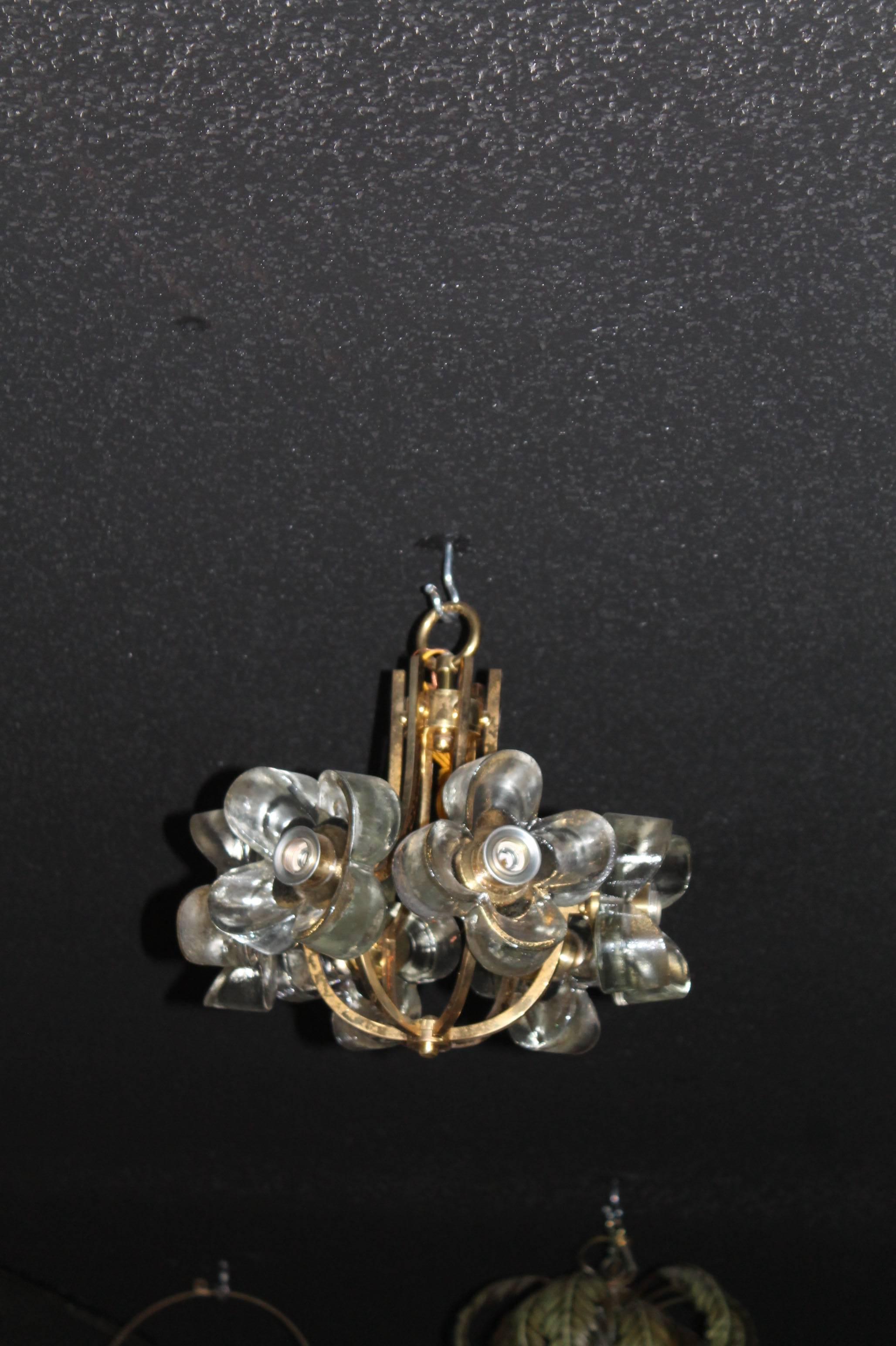 Mid-20th Century Murano Mazzega Glass and Brass Flower Chandelier