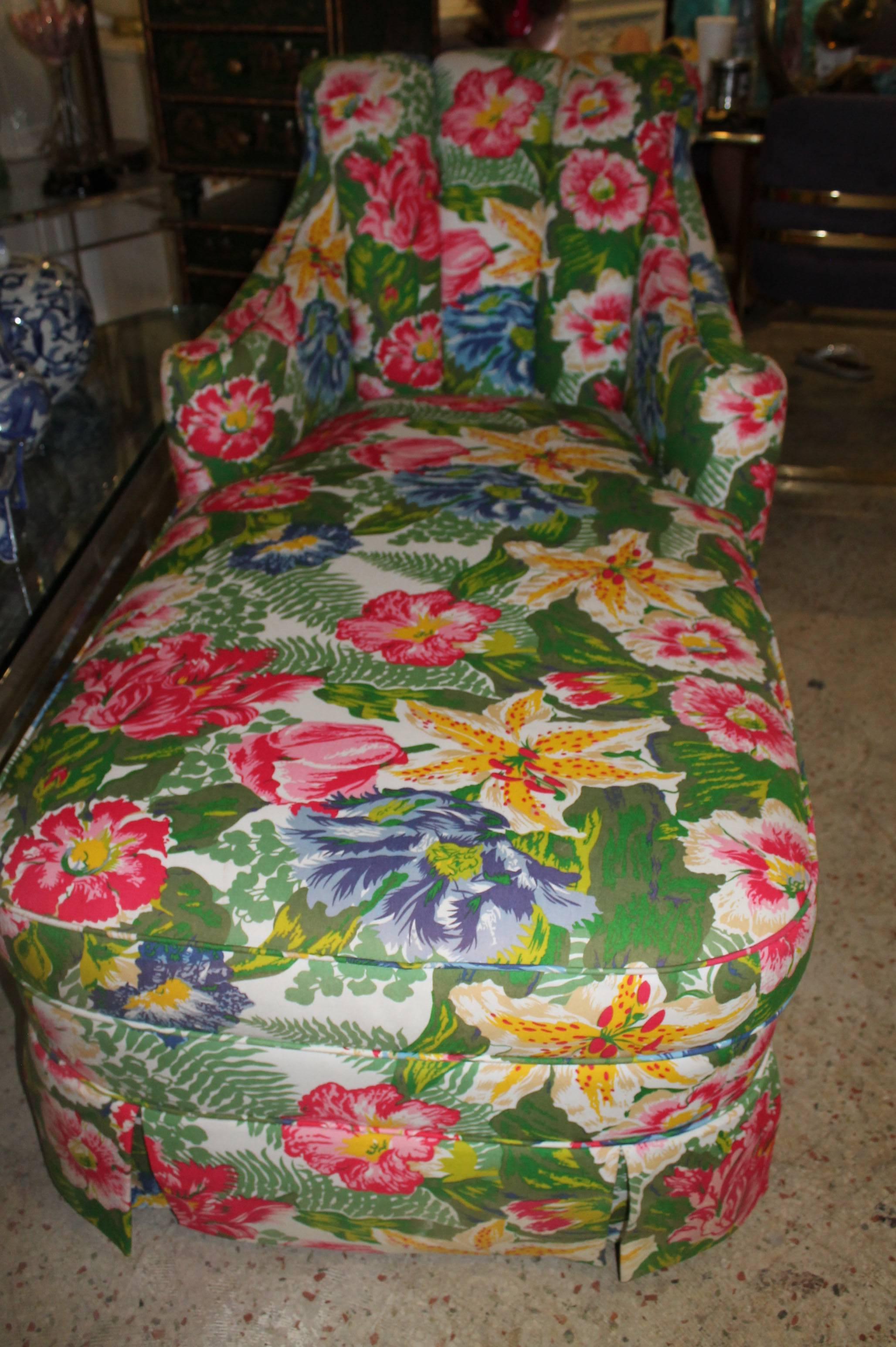 American Carlton Varney for Dorothy Draper Floral Channel Back Chaise Longue by Kindel