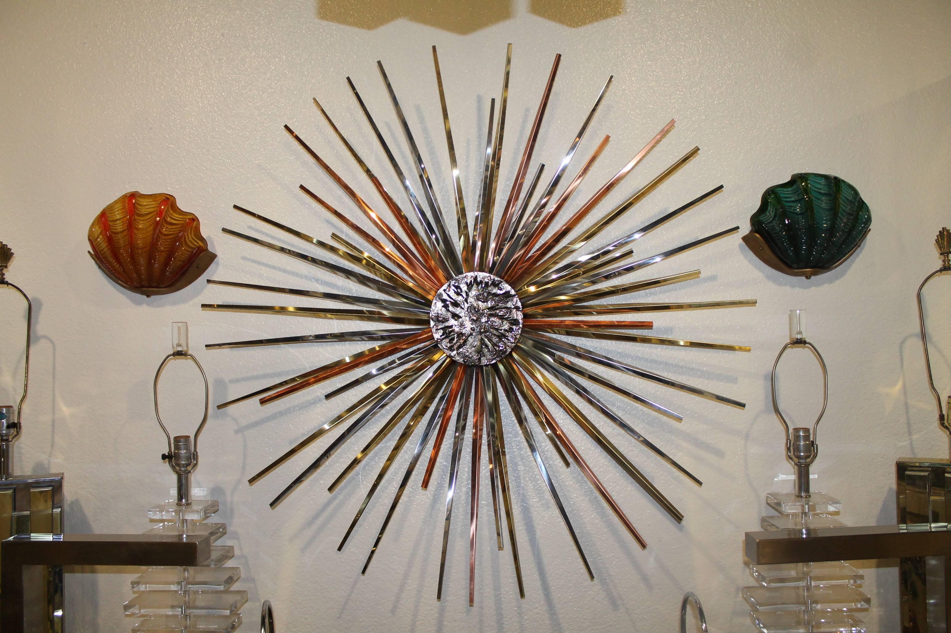 Curtis Jere Brass Copper and Chrome Brutalist Starburst Wall Hanging, 1985 3
