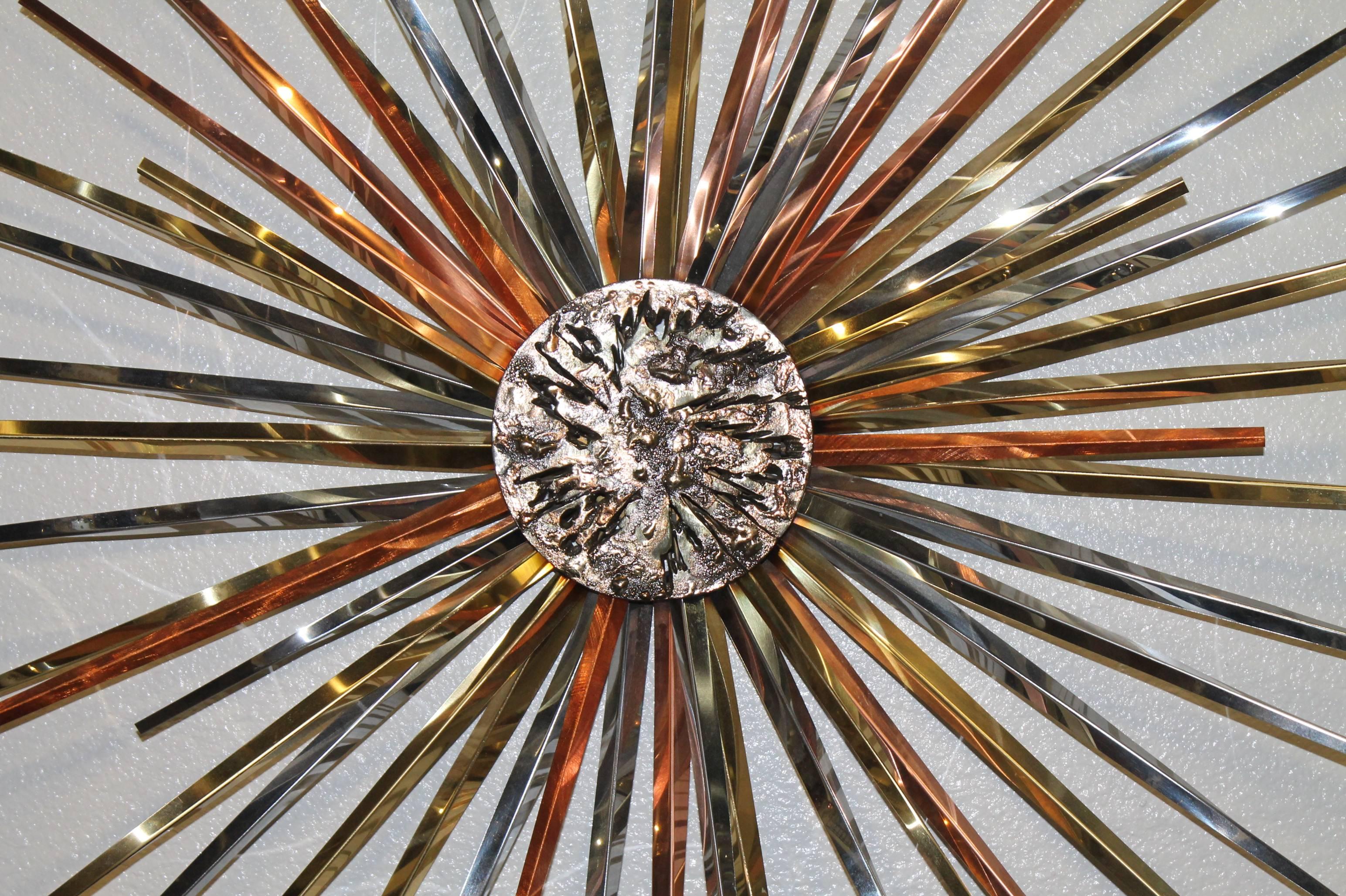Curtis Jere Brass Copper and Chrome Brutalist Starburst Wall Hanging, 1985 2