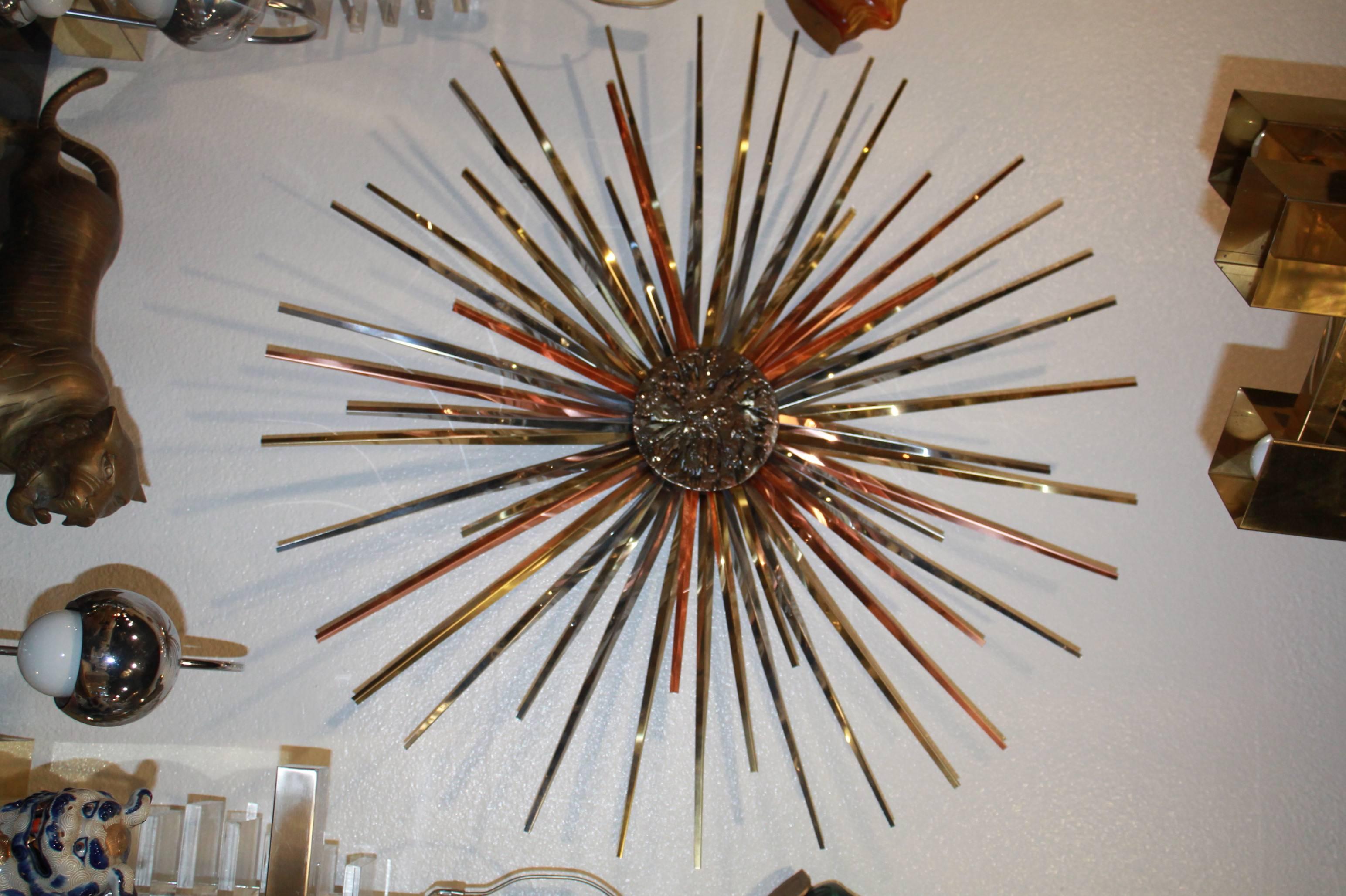 American Curtis Jere Brass Copper and Chrome Brutalist Starburst Wall Hanging, 1985