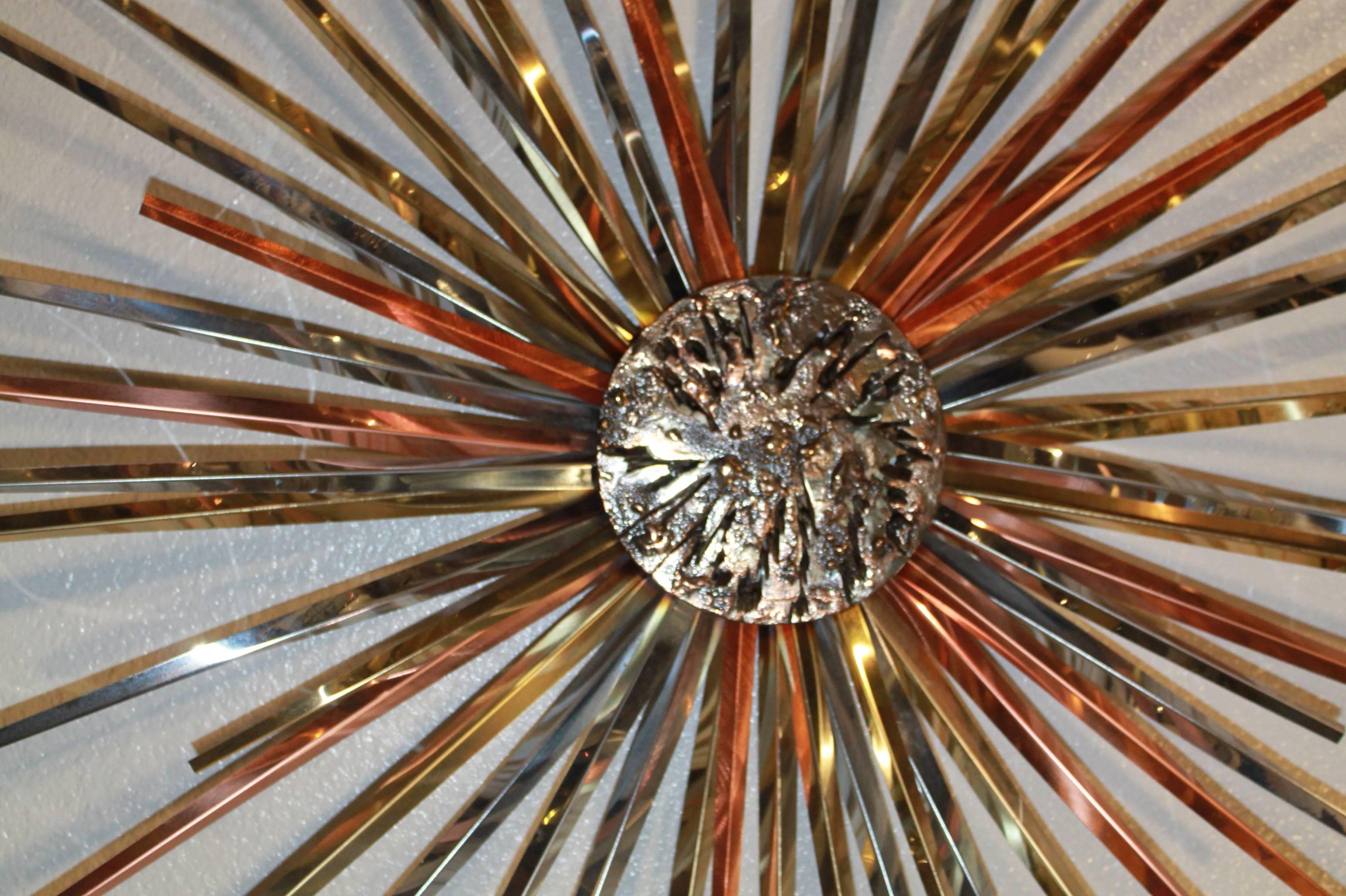 Mid-Century Modern Curtis Jere Brass Copper and Chrome Brutalist Starburst Wall Hanging, 1985