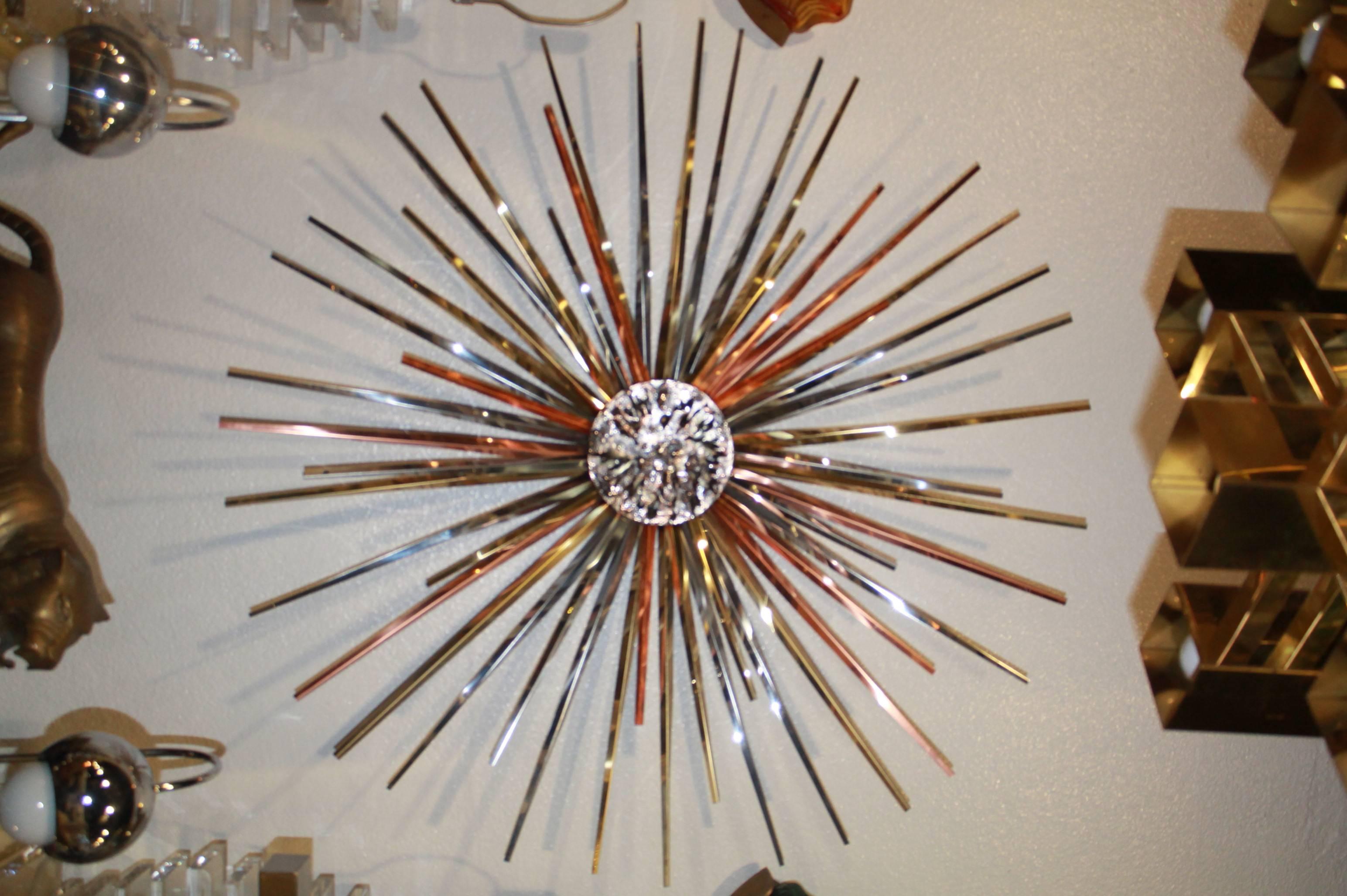 Vintage Signed Curtis Jere 1985 sunburst mixed metals copper, brass, chrome wall art. Ready to hang.

