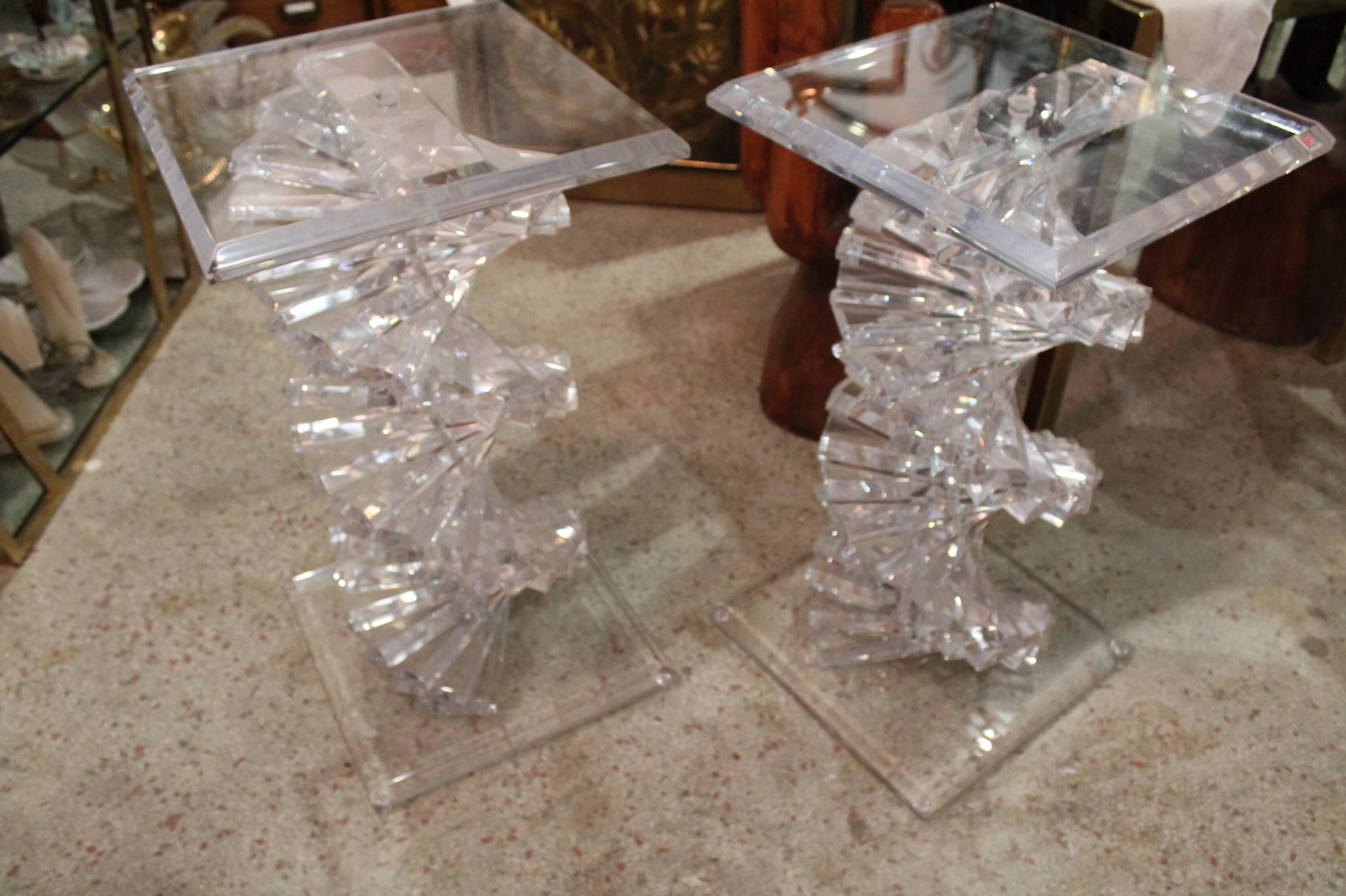 Pair of Lucite DNA spiral staircase table bases that can be used for a dining table, desk, console or as pedestals. Glass top not included.

In the manner of Karl Springer, Charles Hollis Jones. Vintage 
