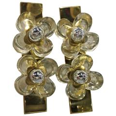 Pair of Murano Mazzega Flower Glass Brass Wall Light Sconces Italian