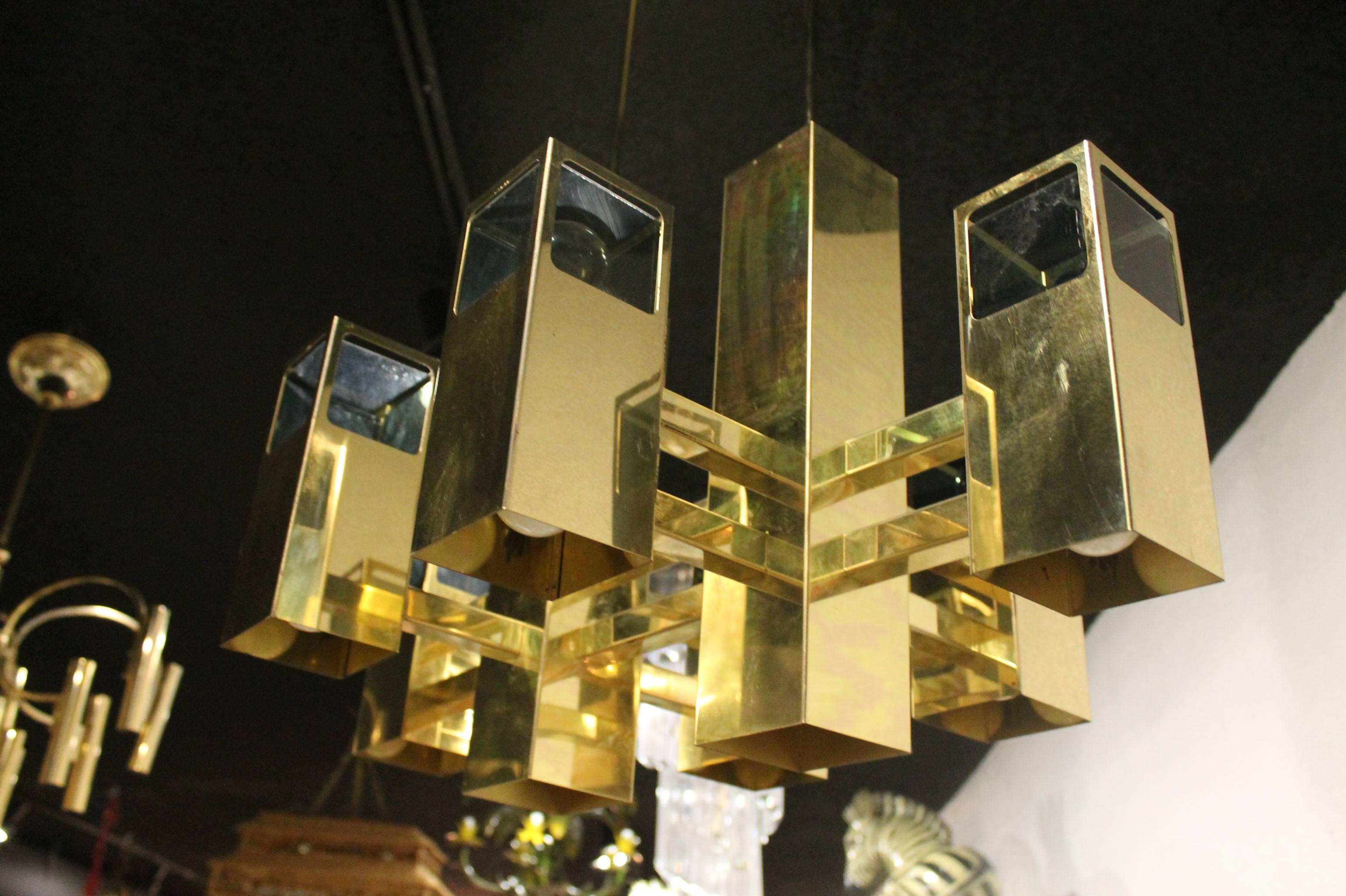 Hollywood Regency Robert Sonneman Vintage Brass and Smoked Lucite Cityscape Cube Chandelier