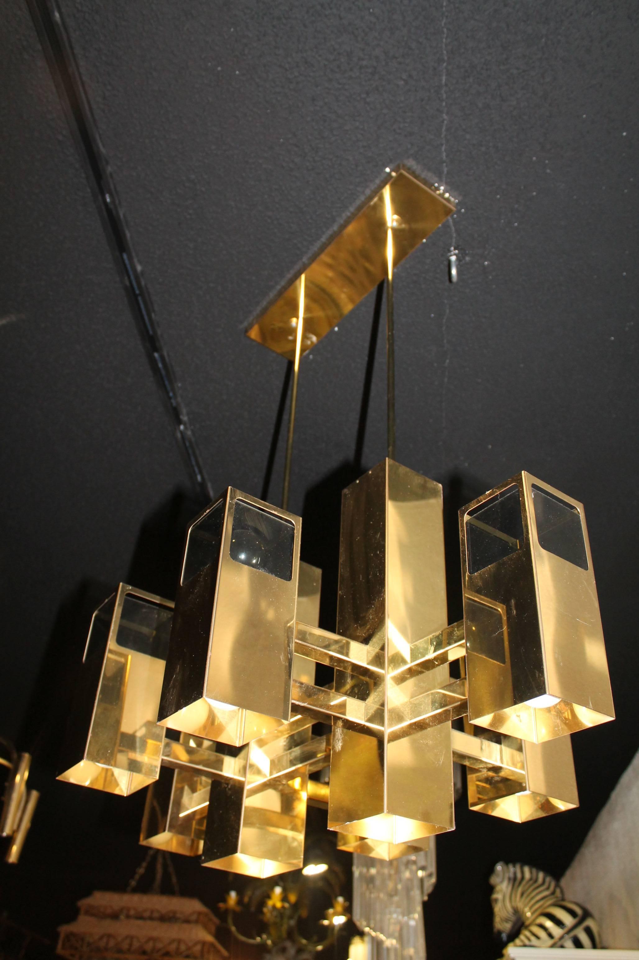 American Robert Sonneman Vintage Brass and Smoked Lucite Cityscape Cube Chandelier