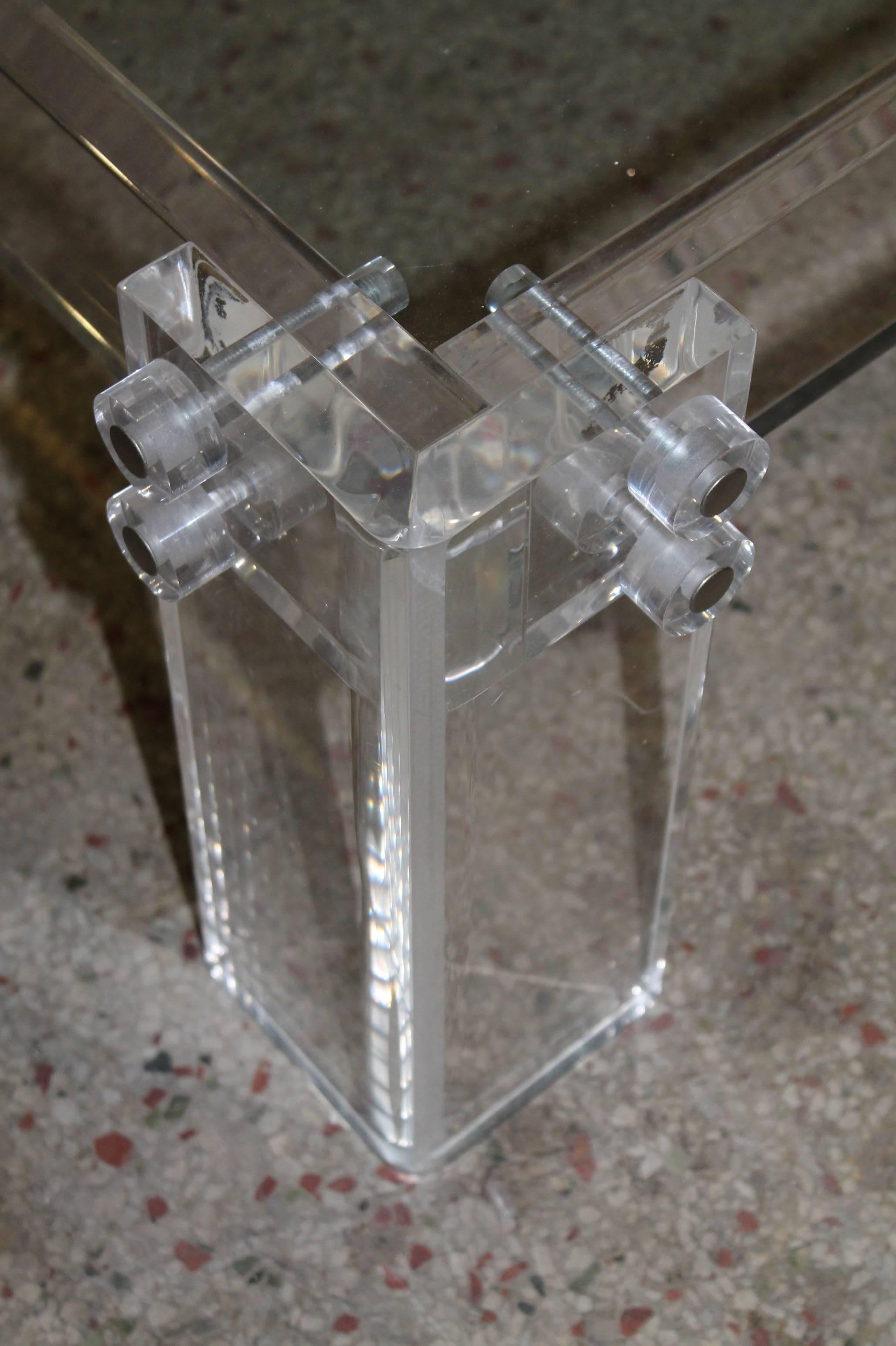 American Lucite Coffee Cocktail Table Lug Peg Chrome Square Hollywood Regency Glass