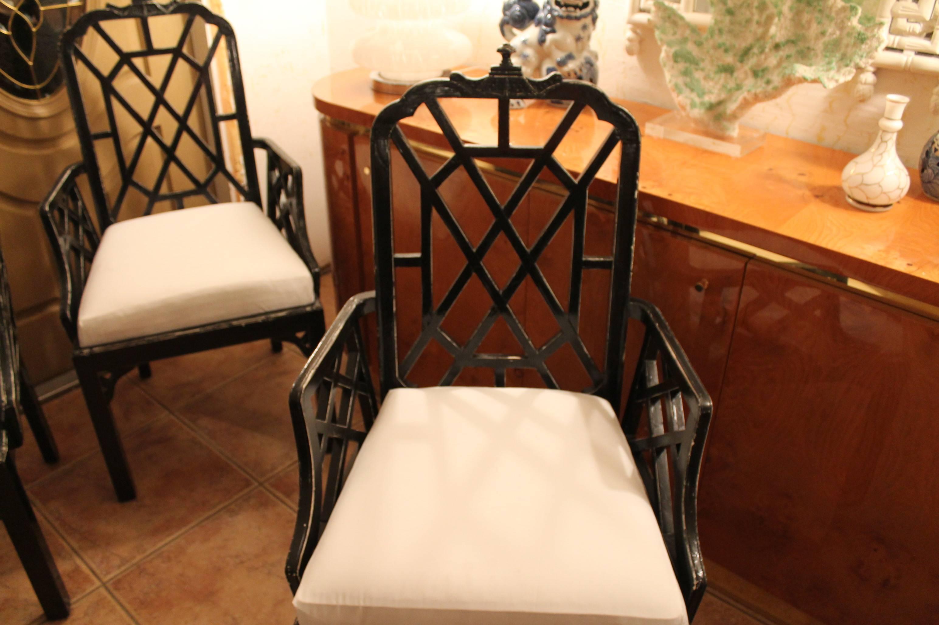 Set of Six or 10 Chinese Chippendale Dining Arm Chairs Pagoda Hollwood Regency In Good Condition In West Palm Beach, FL