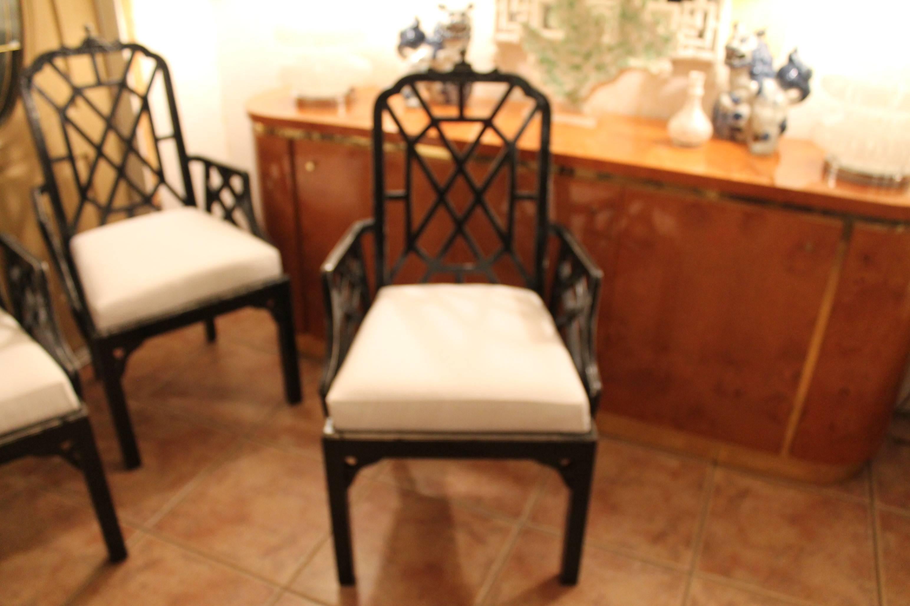 Lacquer Set of Six or 10 Chinese Chippendale Dining Arm Chairs Pagoda Hollwood Regency