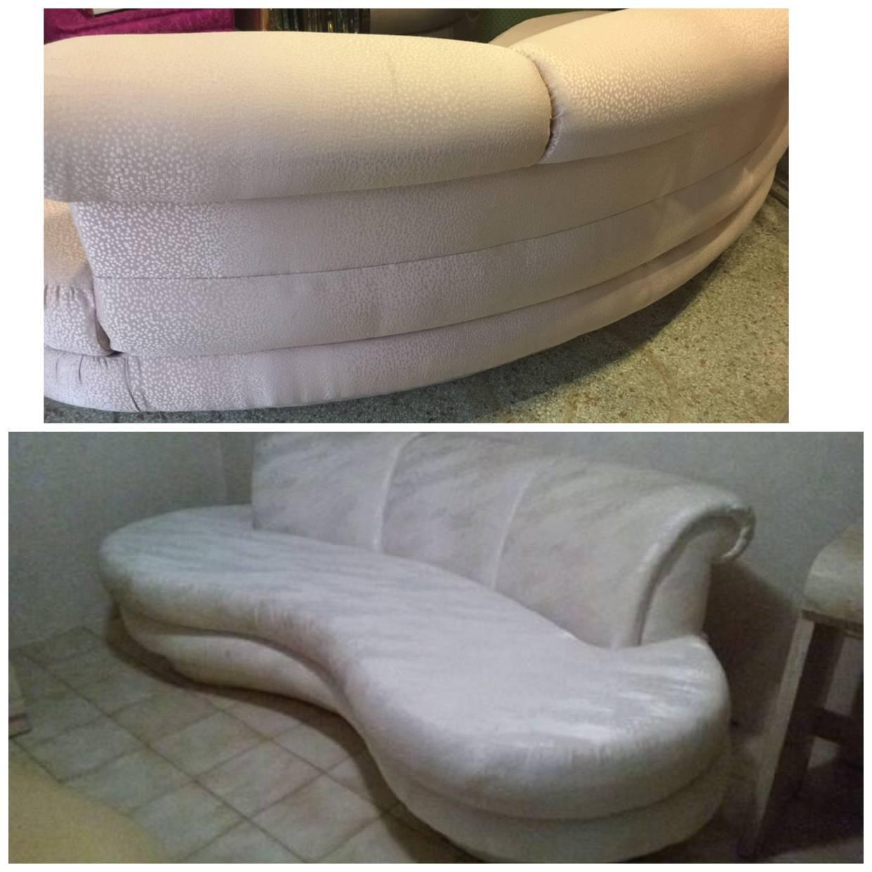 Vintage 1980s Adrian Pearsall for Comfort Designs curved, Kidney shaped, cloud sofas. One is a light pink and the other is cream. The fabric is original and will need new upholstery if you want the pair to match. Listing is per sofa. 
