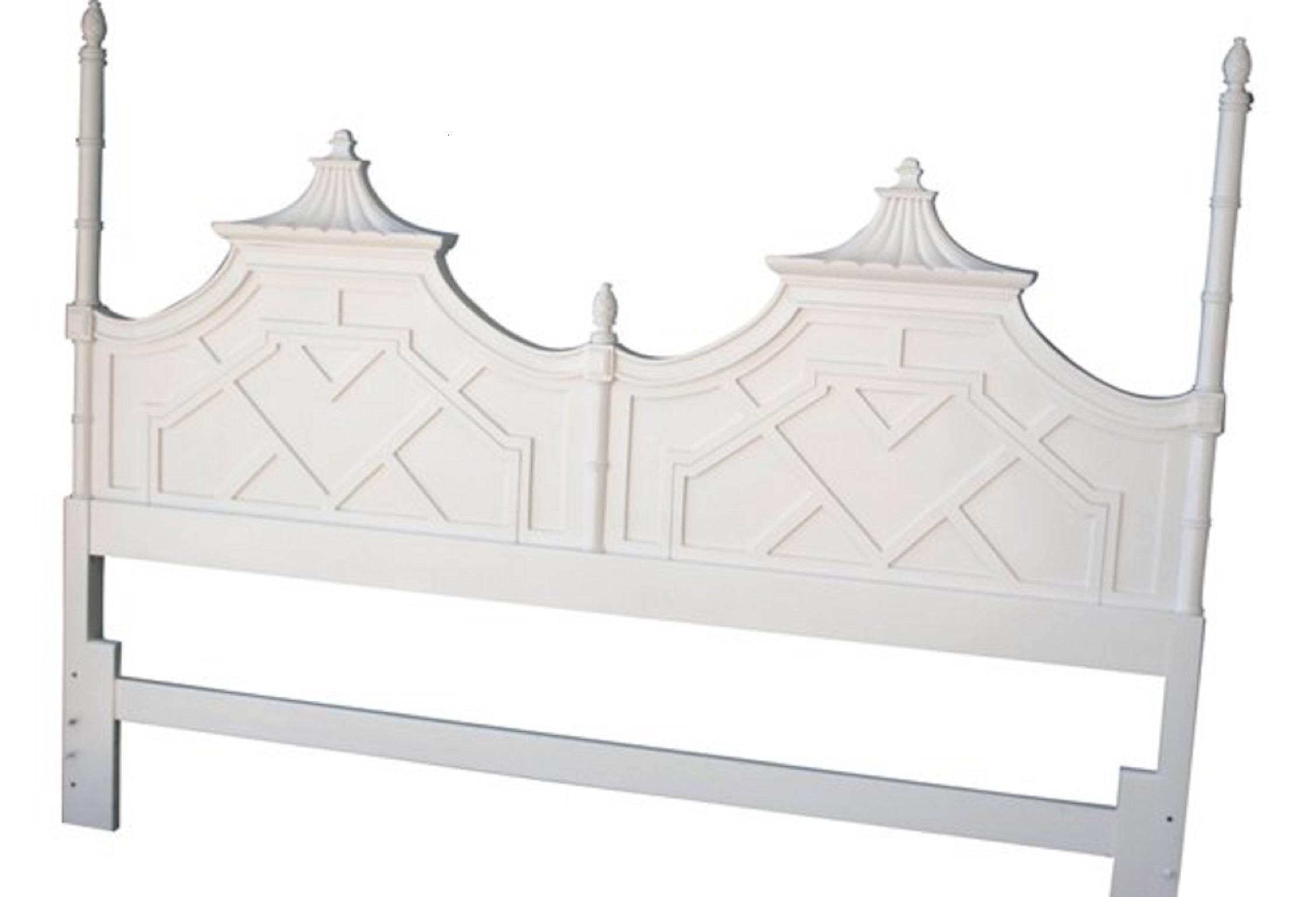 Thomasville king-size pagoda Chinese Chippendale headboard. Newly lacquered in a bright white gloss finish. There may be slight imperfections to the newly lacquered vintage finish. If buyer wants they can choose another colt other than white