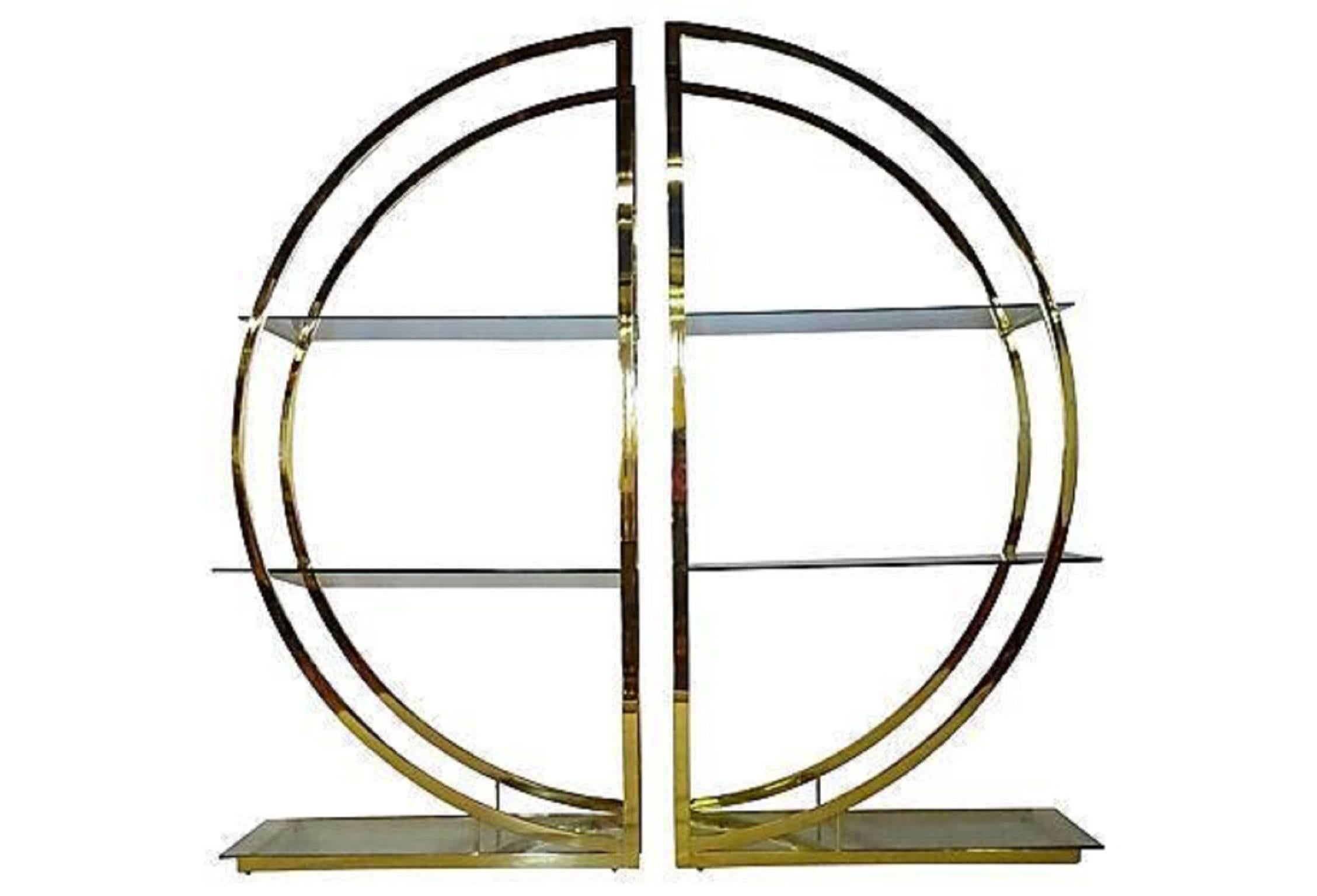 20th Century Milo Baughman Art Deco Brass Pair of Etageres Circular D Hollywood Regency Shelf