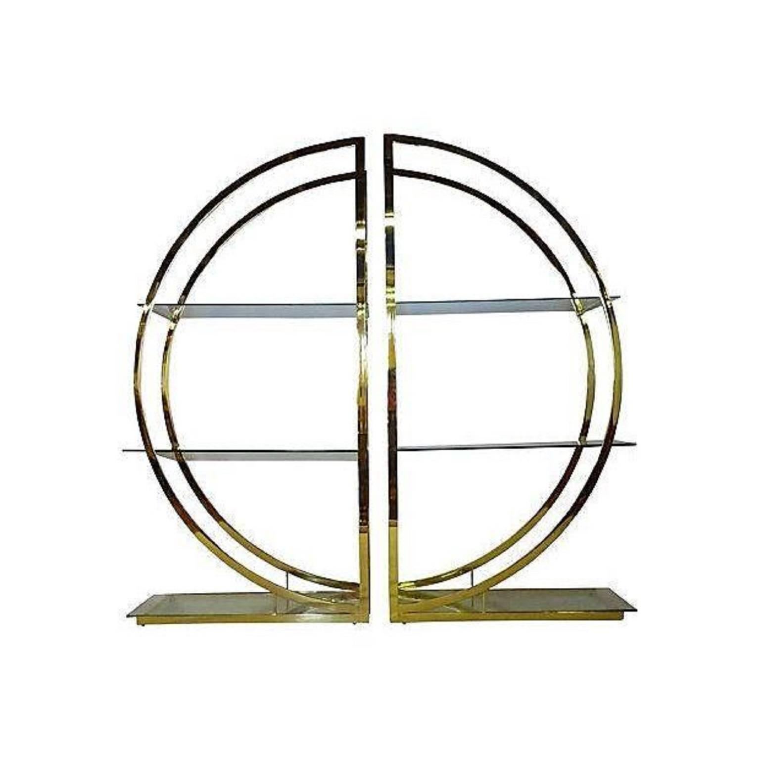Milo Baughman Art Deco Brass Pair of Etageres Circular D Hollywood Regency Shelf In Good Condition In West Palm Beach, FL