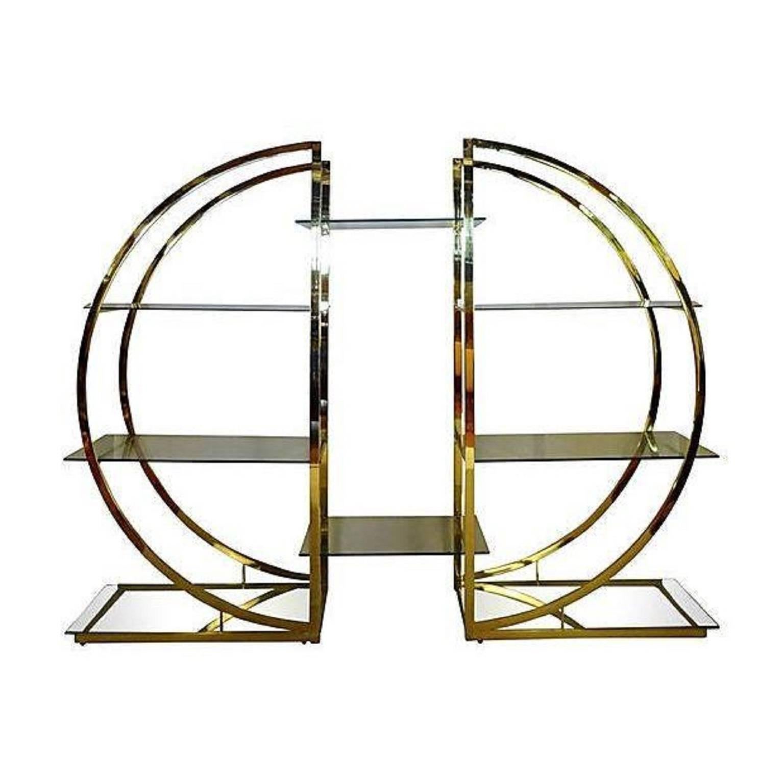 American Milo Baughman Art Deco Brass Pair of Etageres Circular D Hollywood Regency Shelf