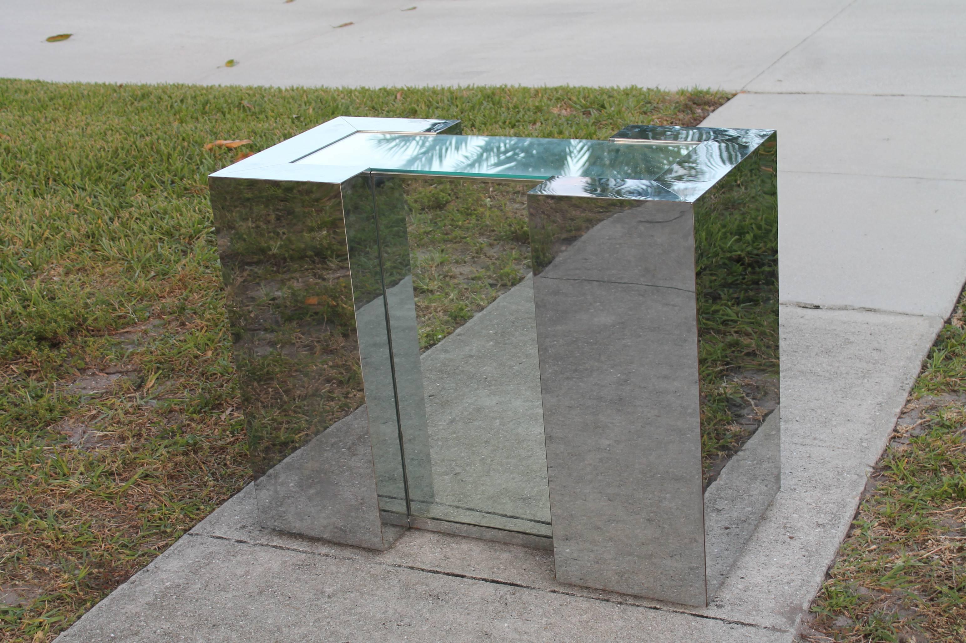 Mirrored Chrome Desk Console or Dining Table Base in the Style of Milo Baughman In Good Condition In West Palm Beach, FL