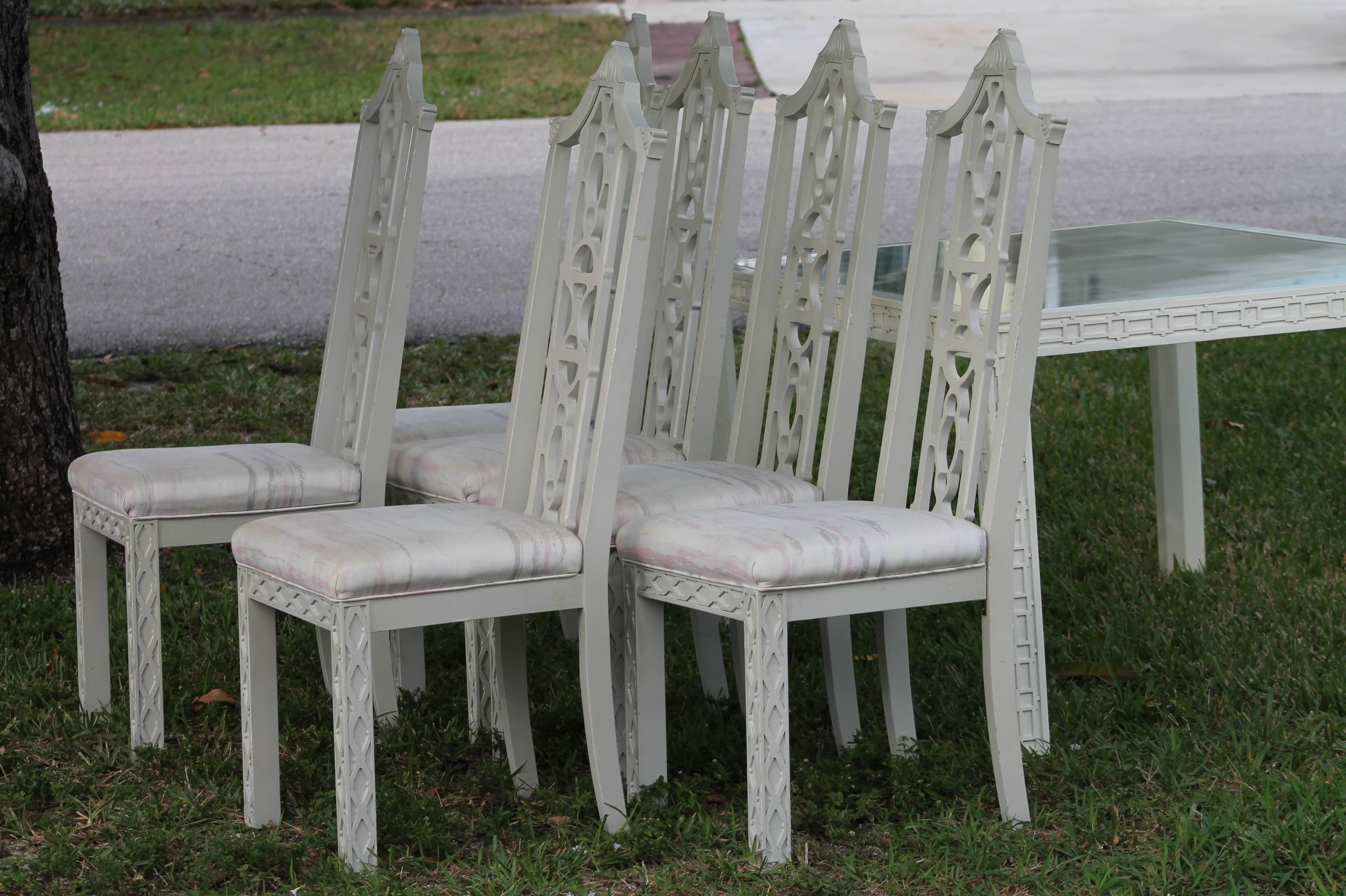20th Century Set of Six Fretwork Chinese Chippendale Dining Side Chairs Pagoda Palm Beach 
