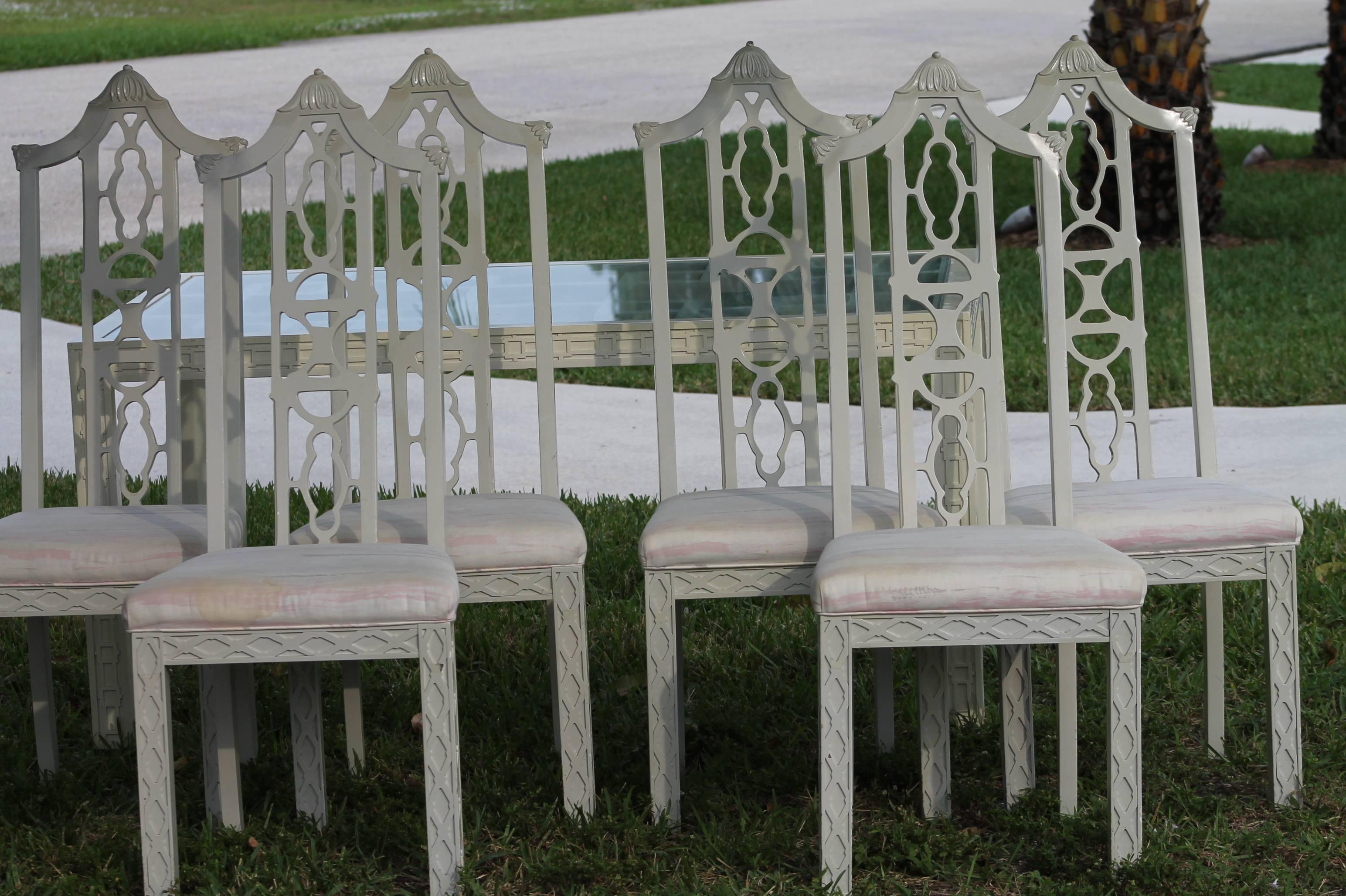 Set of Six Fretwork Chinese Chippendale Dining Side Chairs Pagoda Palm Beach  1