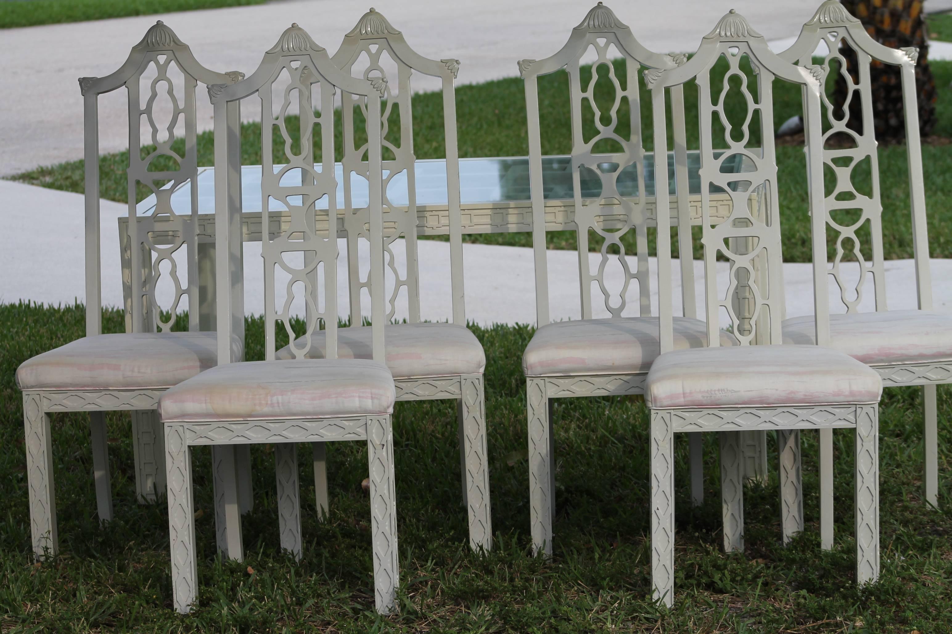 Set of Six Fretwork Chinese Chippendale Dining Side Chairs Pagoda Palm Beach  2