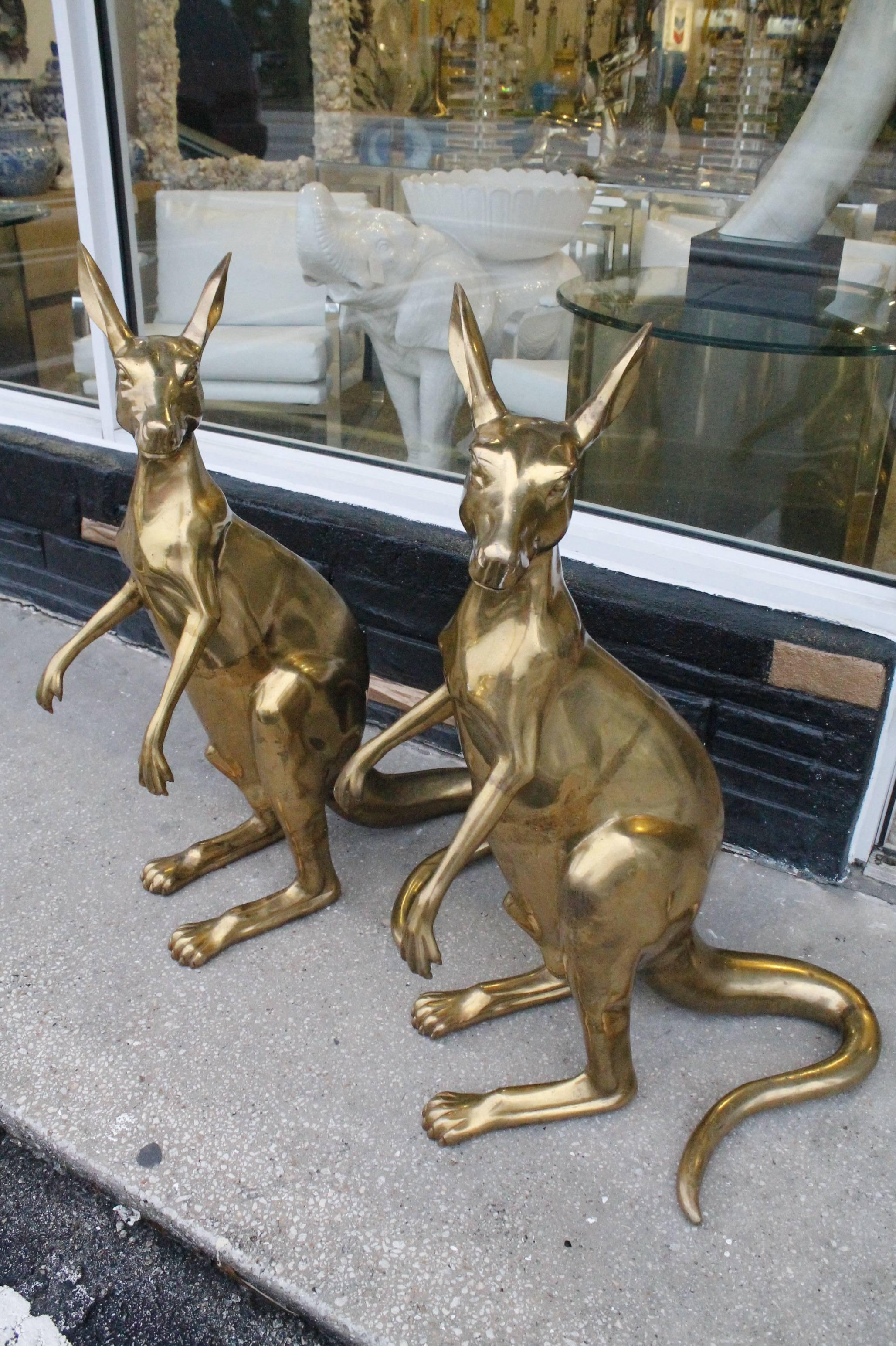 Pair of Vintage Australian Hollywood Regency Brass Kangaroos 1