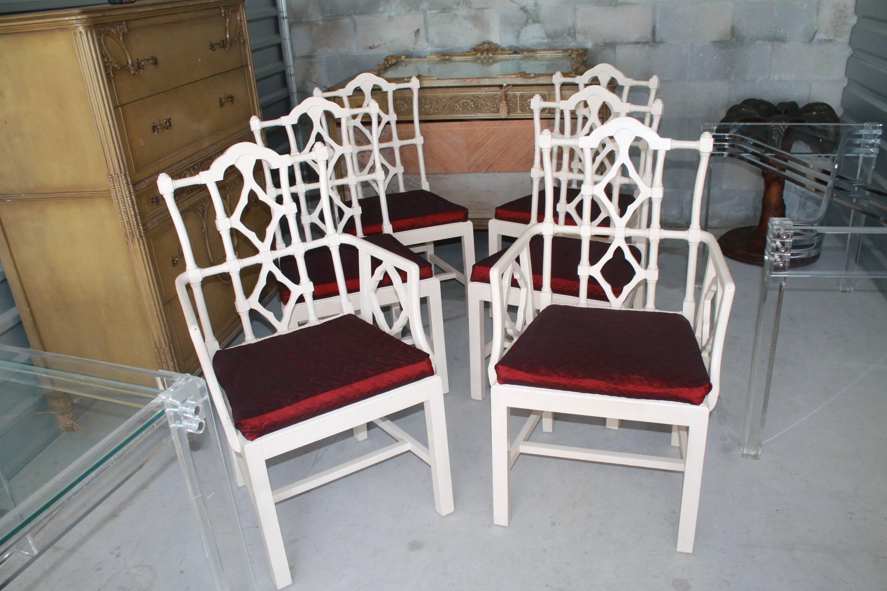 Set of 6 Vintage Hollywood Regency Fretwork Chinese chippendale dining chairs. This set included two armchairs and four side chairs. These will need to be recovered as the upholstery is original. The lacquered finish is also original and I recommend