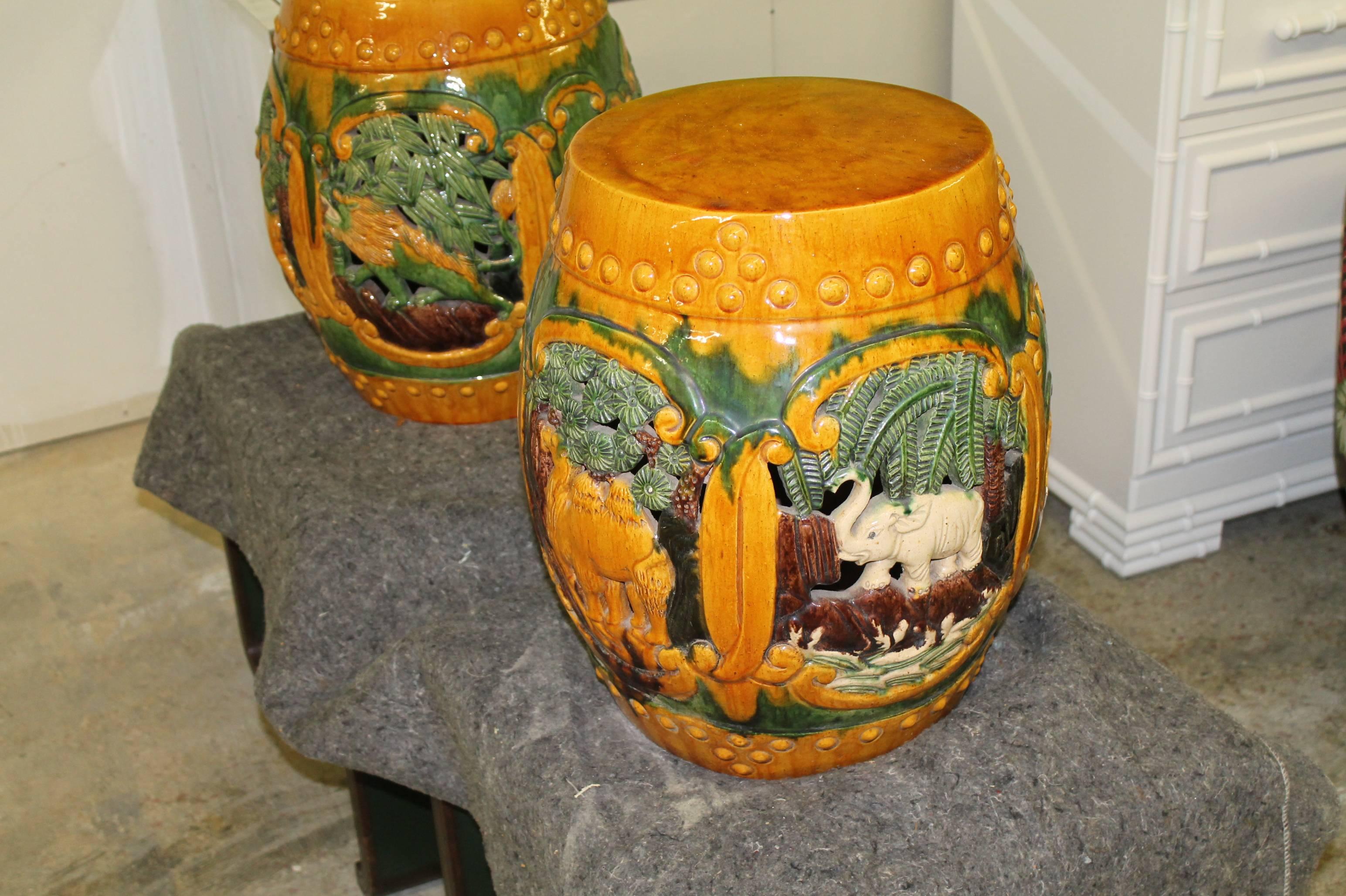  Vintage Pair of Ceramic Garden Drum Stools or Stands with Camels and Elephants 2