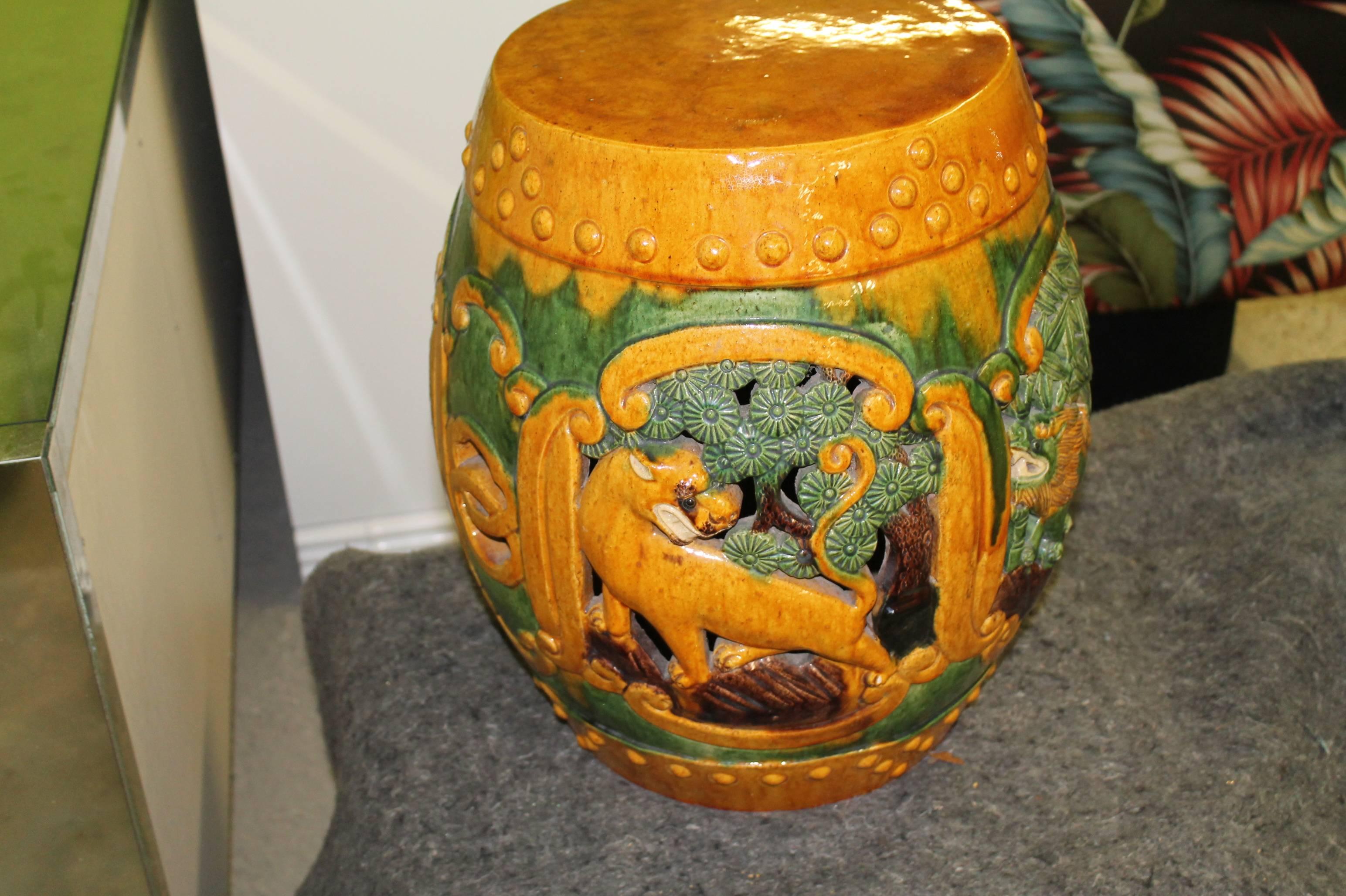 20th Century  Vintage Pair of Ceramic Garden Drum Stools or Stands with Camels and Elephants