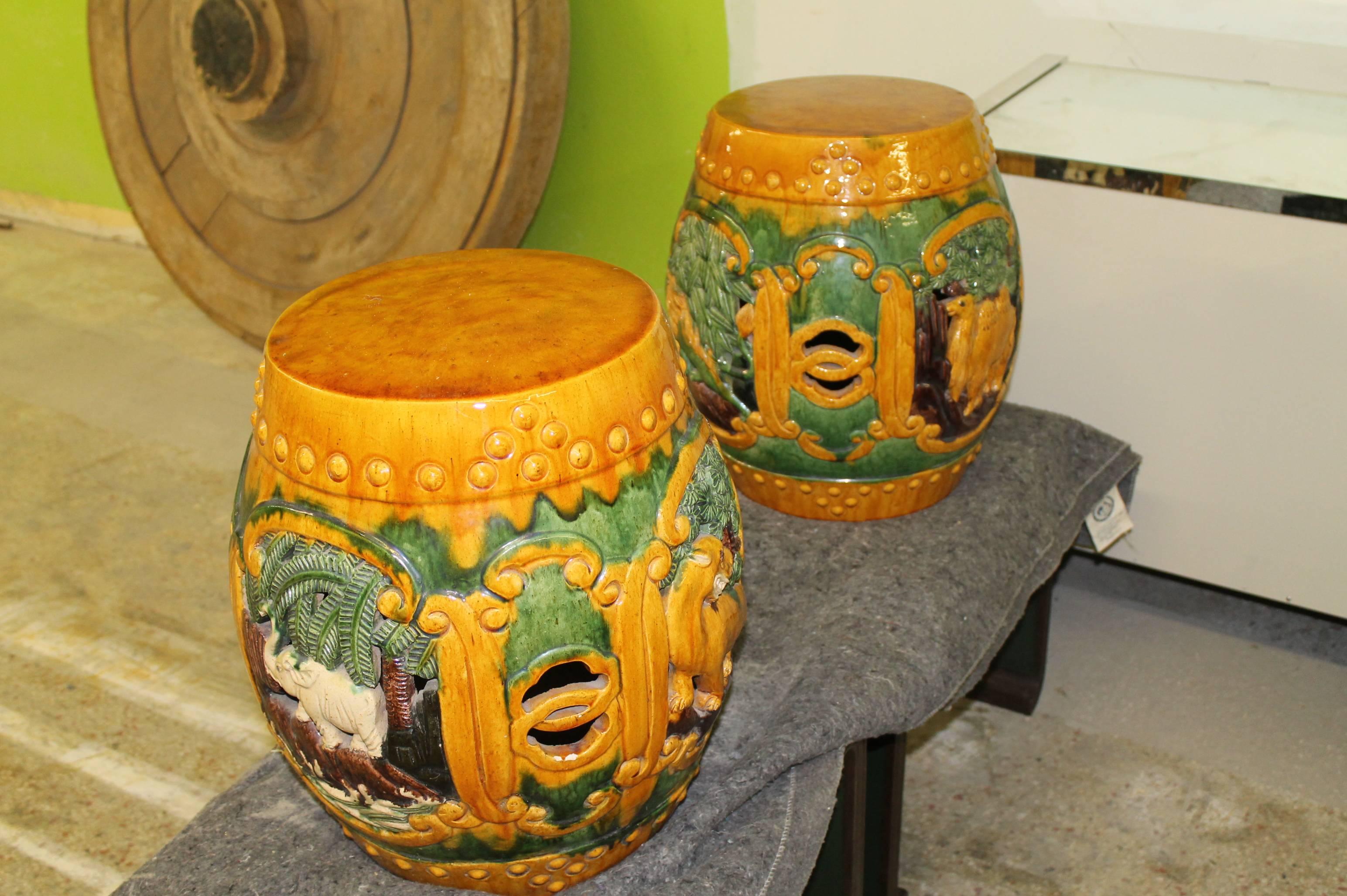 Hollywood Regency  Vintage Pair of Ceramic Garden Drum Stools or Stands with Camels and Elephants