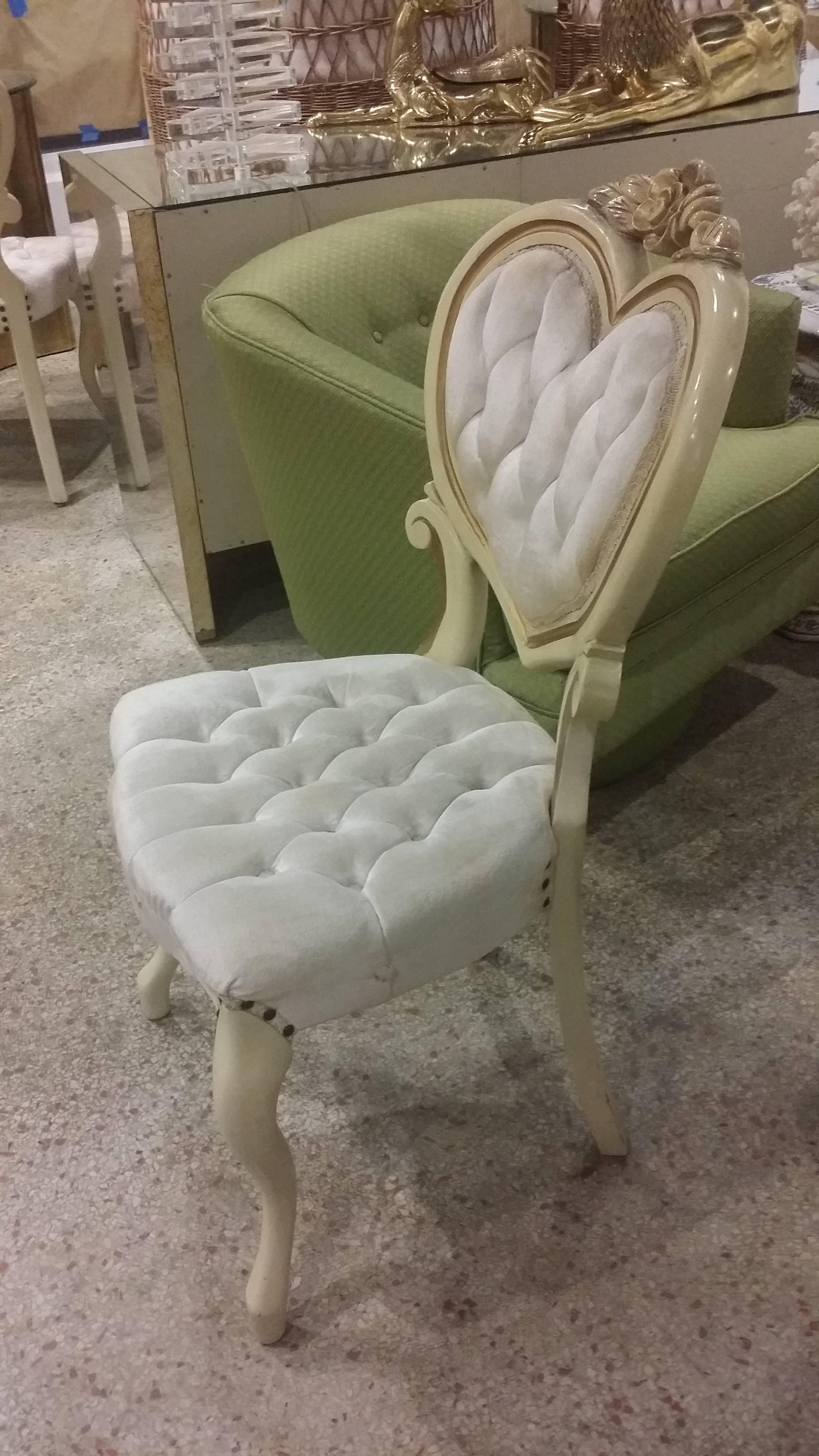 Amazing set of six vintage Hollywood Regency Victorian style  heart dining chairs by Kimball (tagged). These all have there original velvet fabric that is worn and will need recovering. These would be fabulous with a new updated modern twist! Let