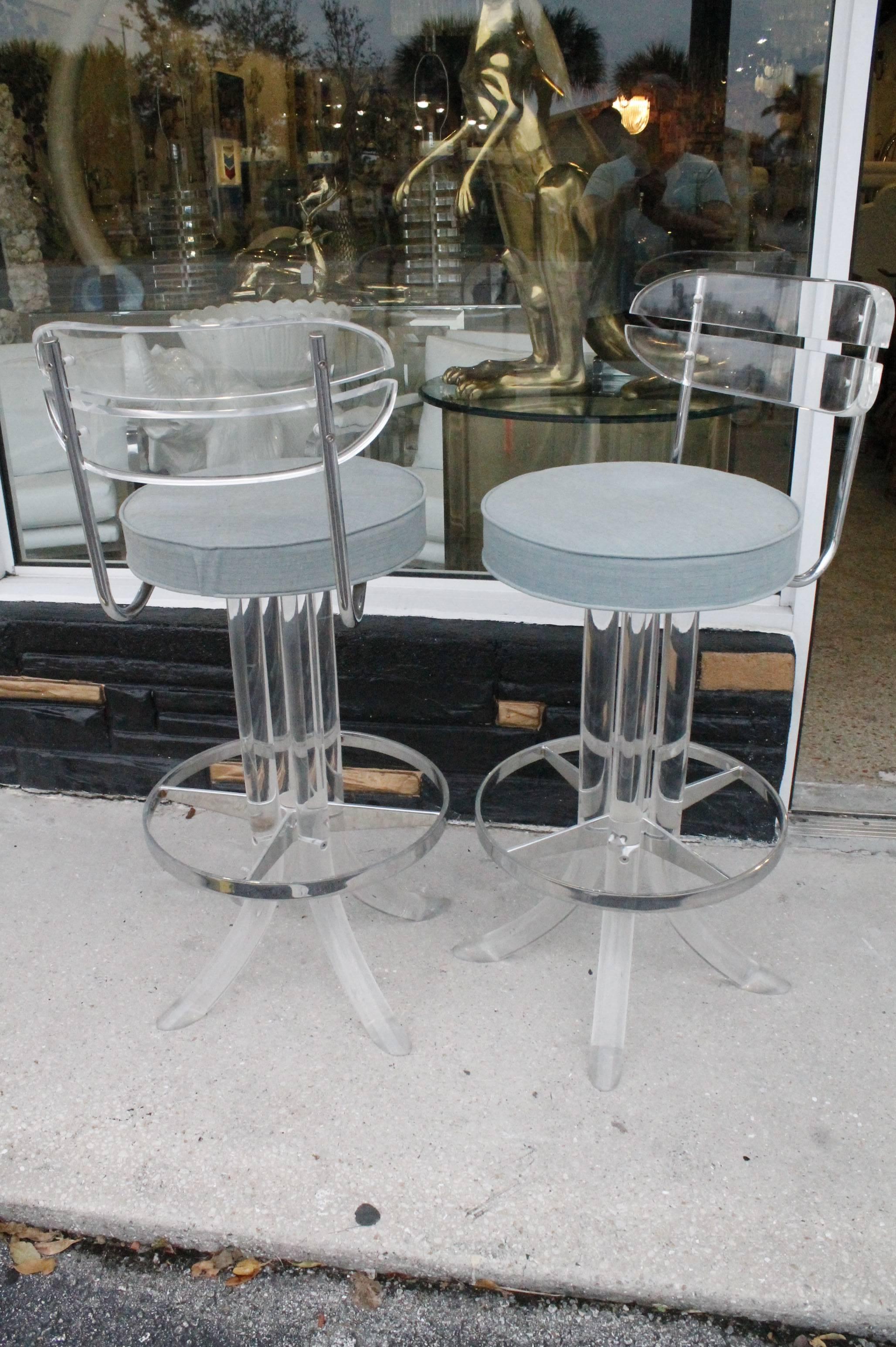 Pair of Lucite Chrome Charles Hollis Jones Hill Bar Stools, Swivel, CHJ  2