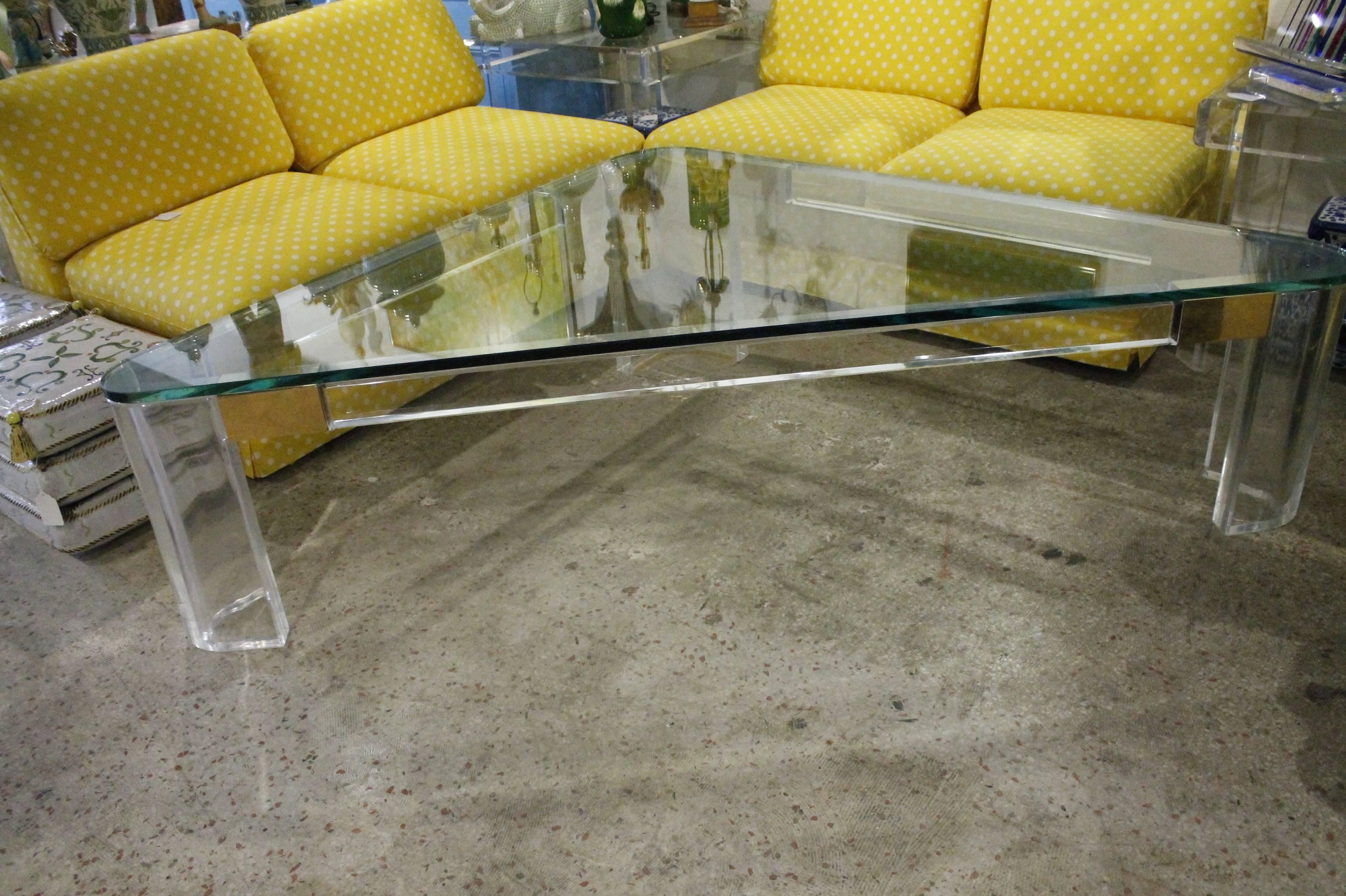 20th Century Charles Hollis Jones Lucite and Brass Triangle Coffee or Cocktail Table For Sale