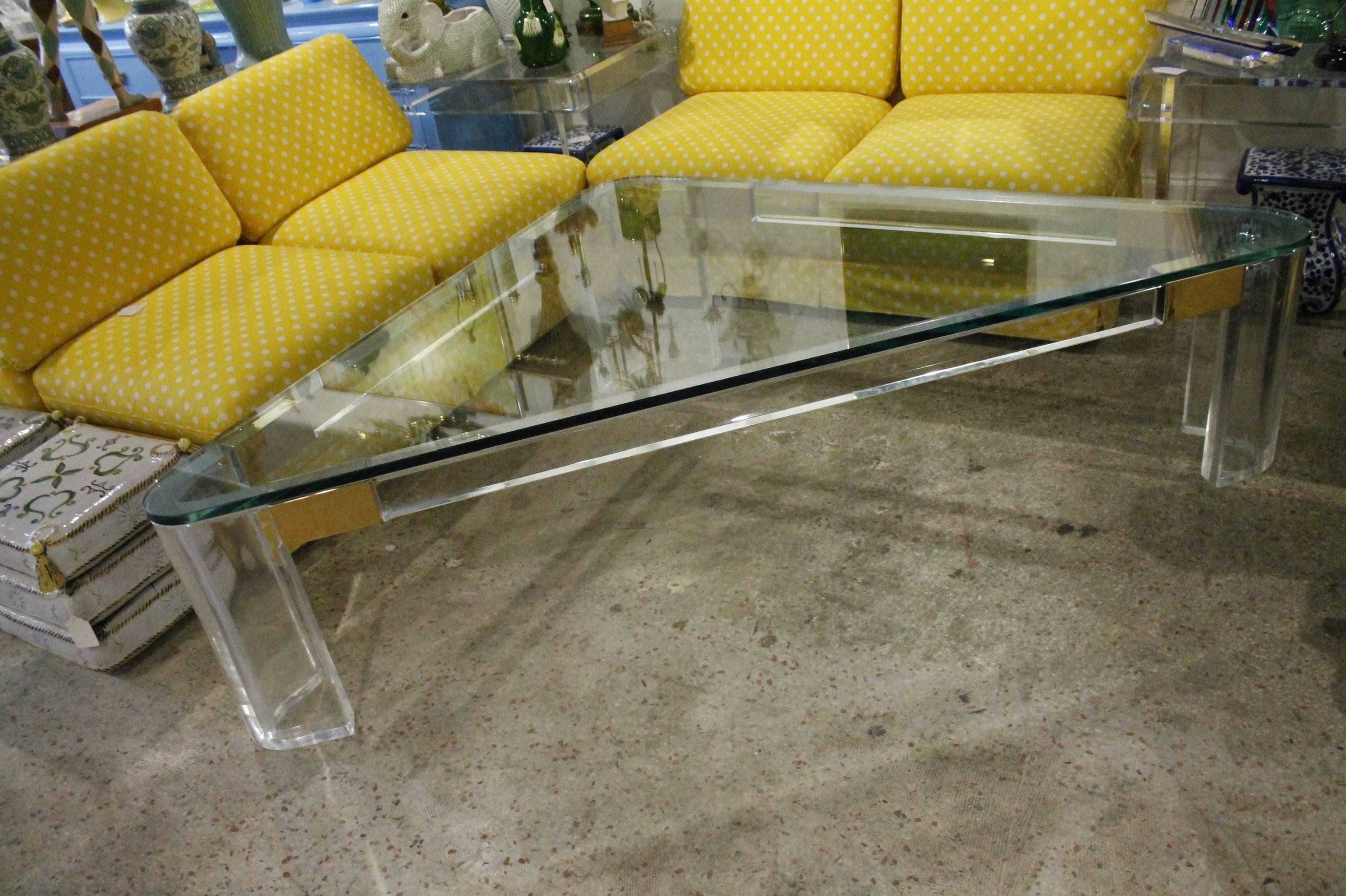 Charles Hollis Jones Lucite and Brass Triangle Coffee or Cocktail Table For Sale 1