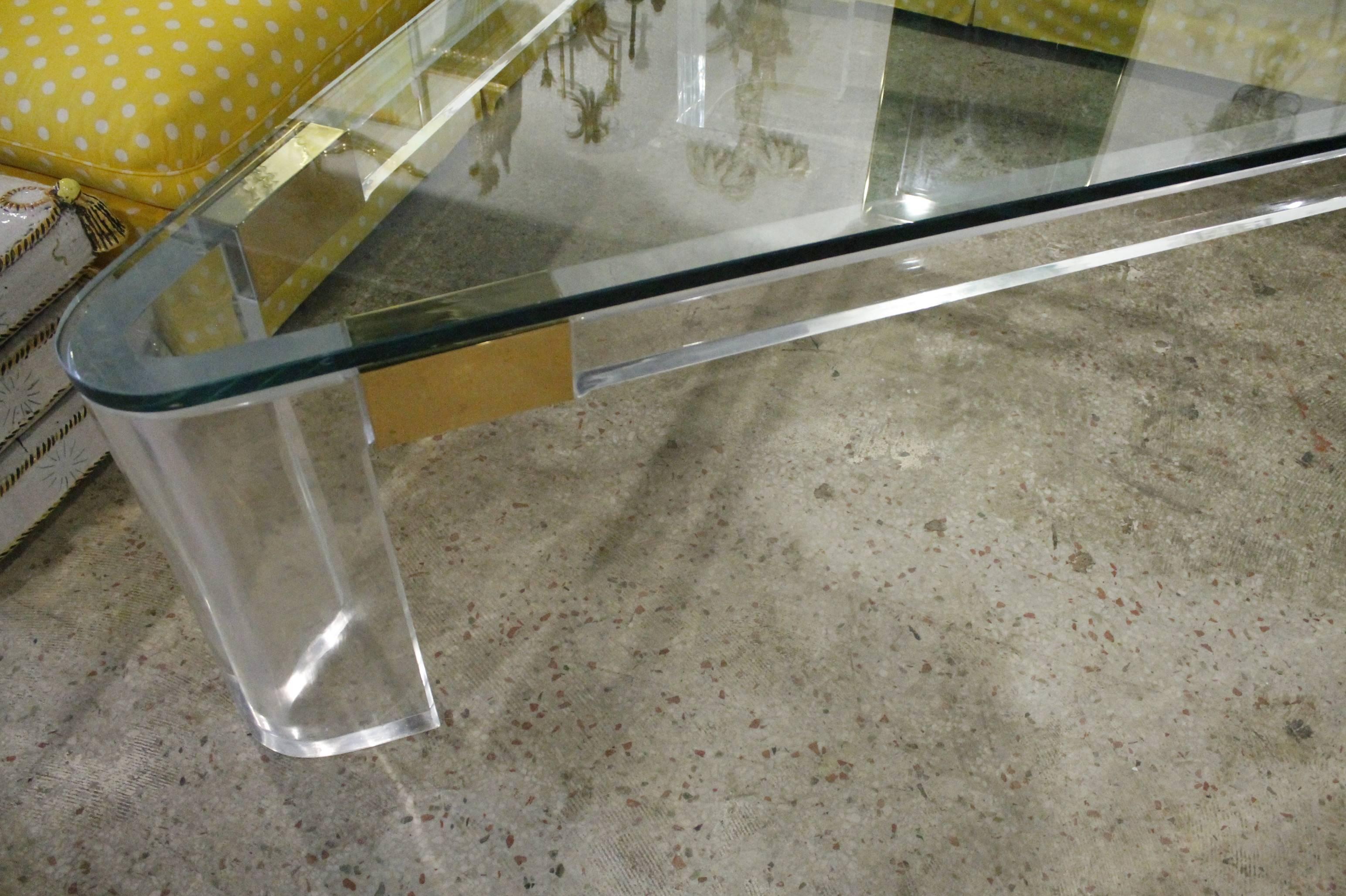 Charles Hollis Jones Lucite and Brass Triangle Coffee or Cocktail Table For Sale 3