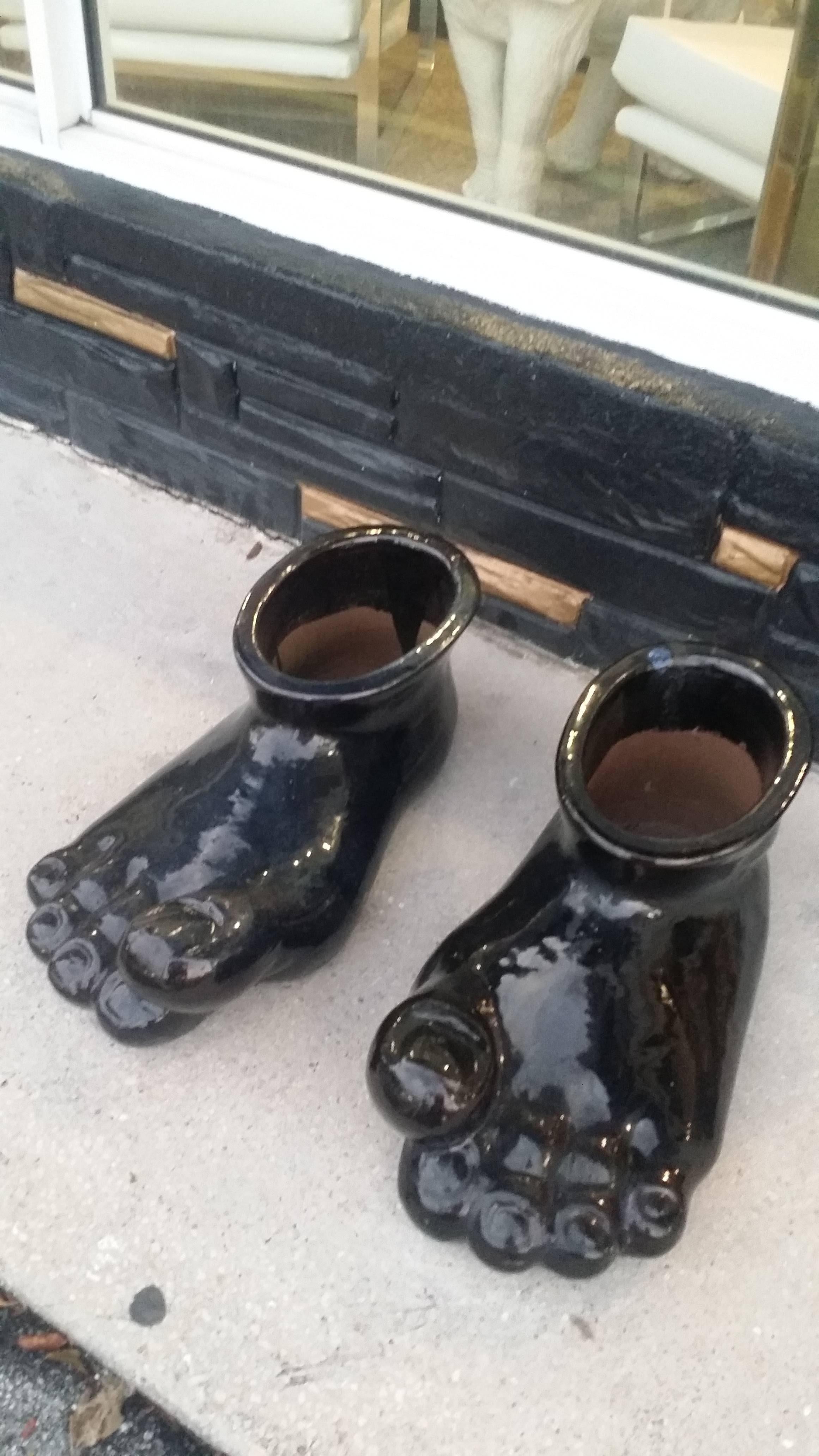 American Monumental Pair of Feet Foot Sculpture Terra Cotta Glazed Mid-Century Modern Pot
