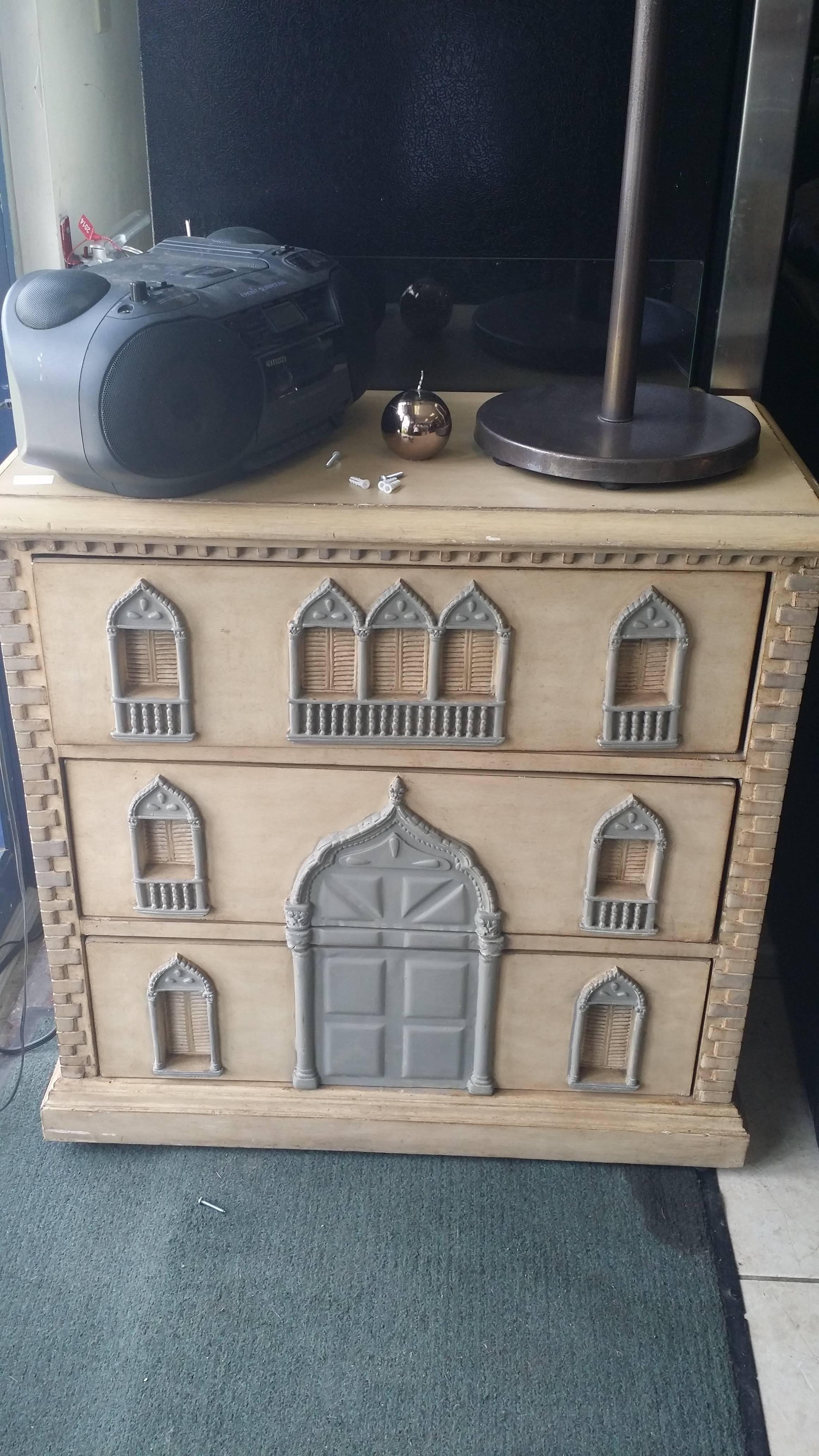 Amazing Fornasetti Style three drawer chest. The building style windows and architectural trim are three and four dimensional including incredible moulding on the sides. 