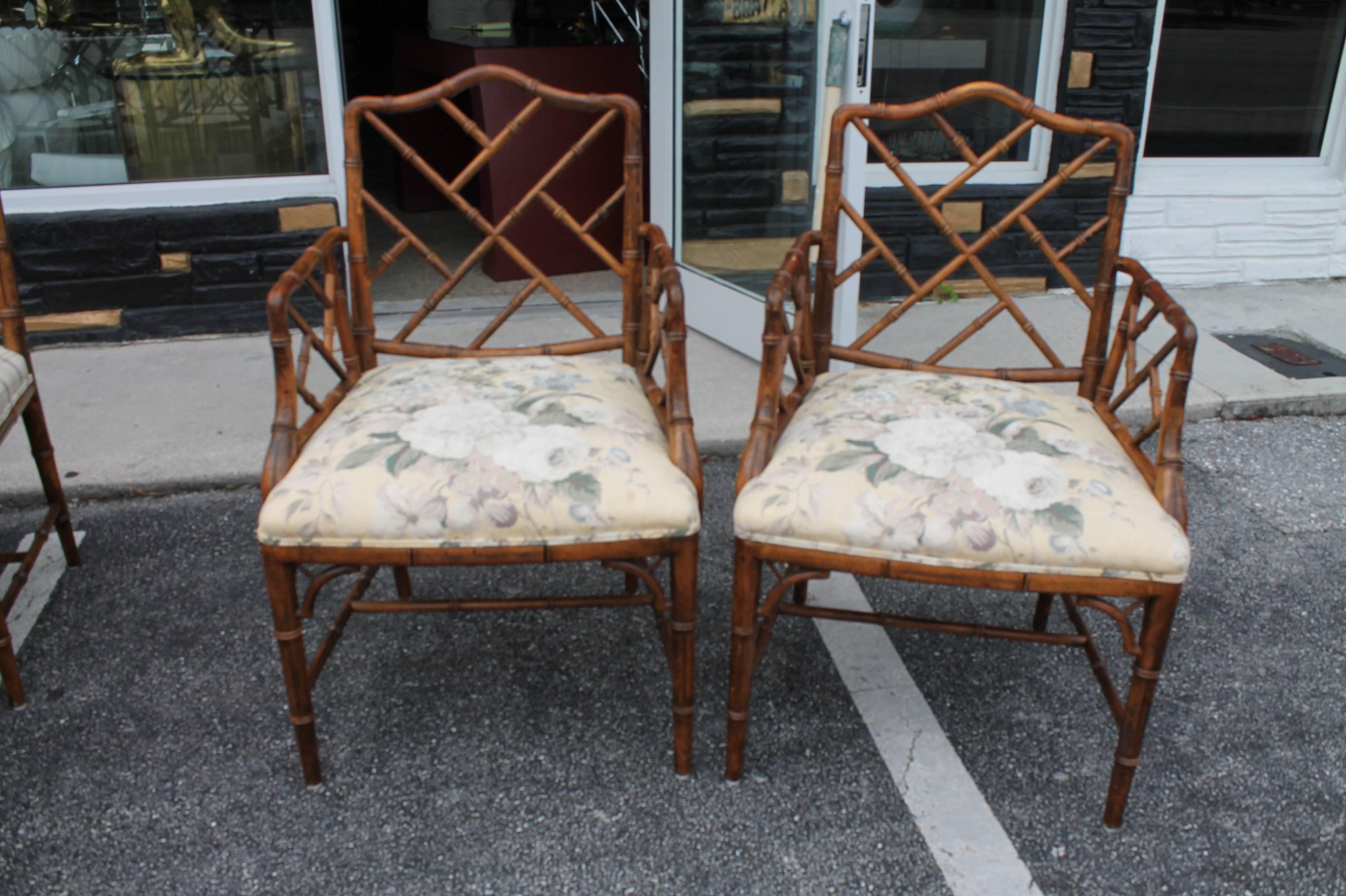 20th Century Set of Eight Century Faux Bamboo Chinese Chippendale Fretwork Dining Armchairs