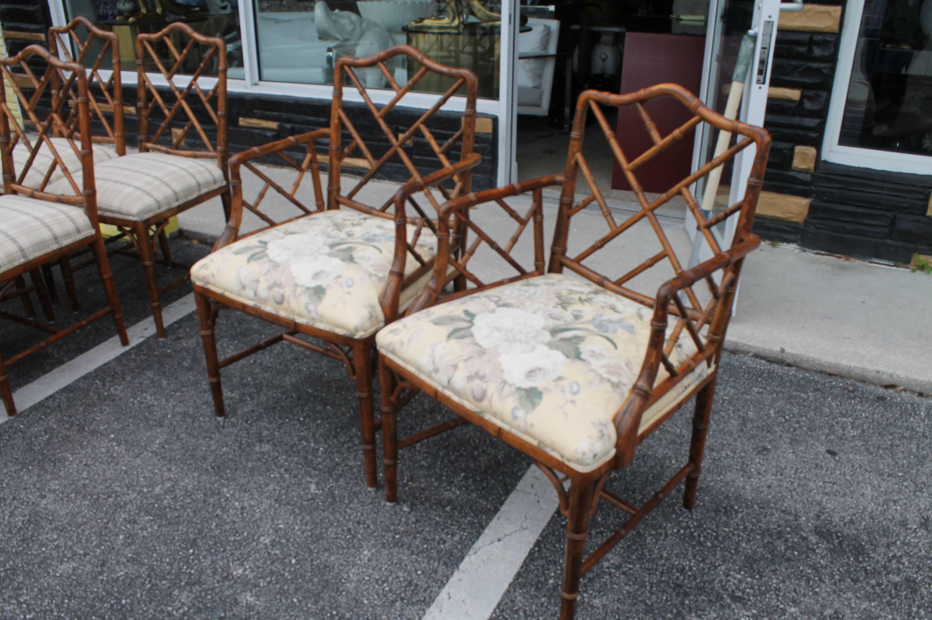 American Set of Eight Century Faux Bamboo Chinese Chippendale Fretwork Dining Armchairs