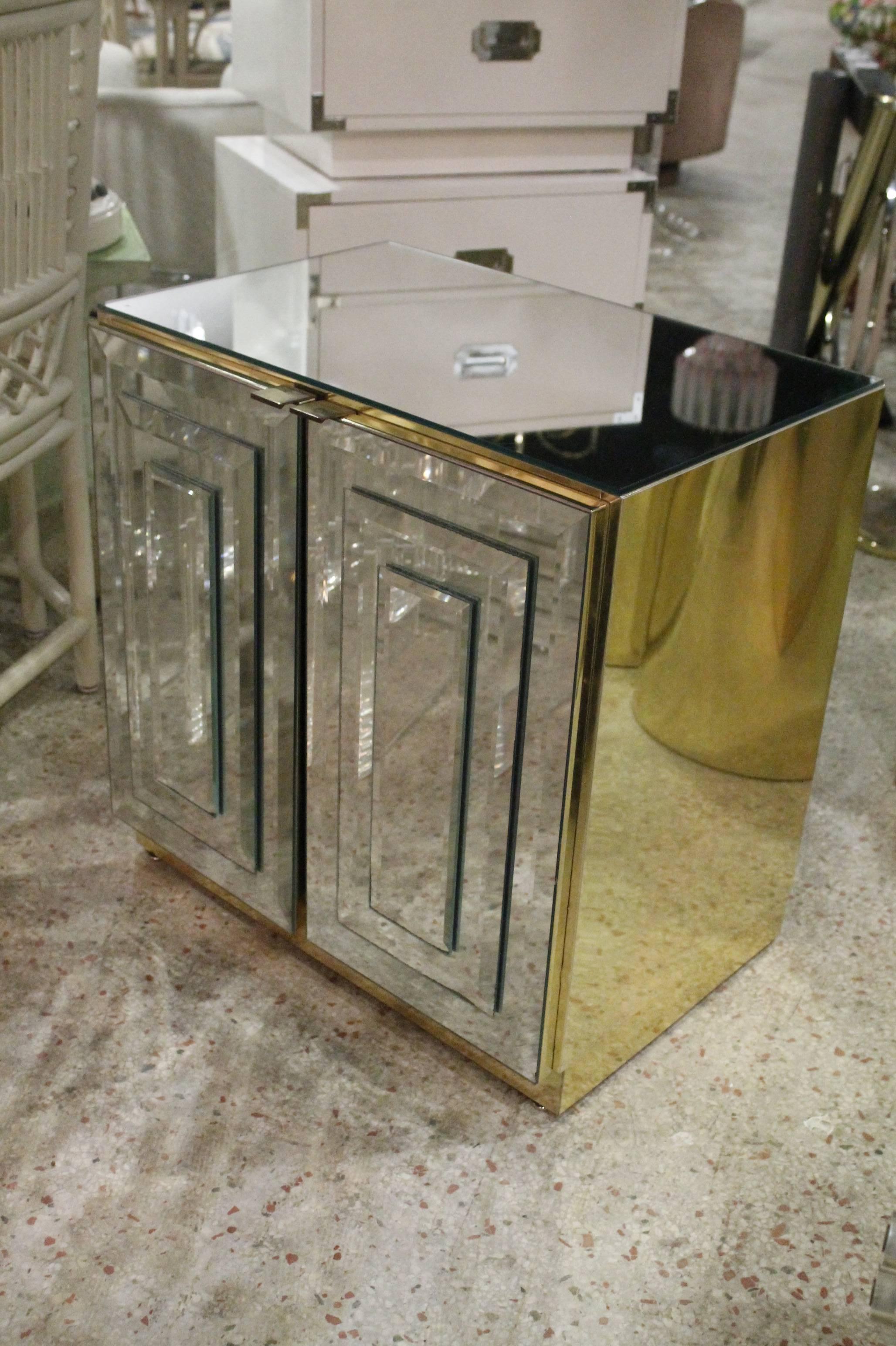 American Ello Pair of Mirrored Mirror Brass Chests End Tables, Hollywood Regency