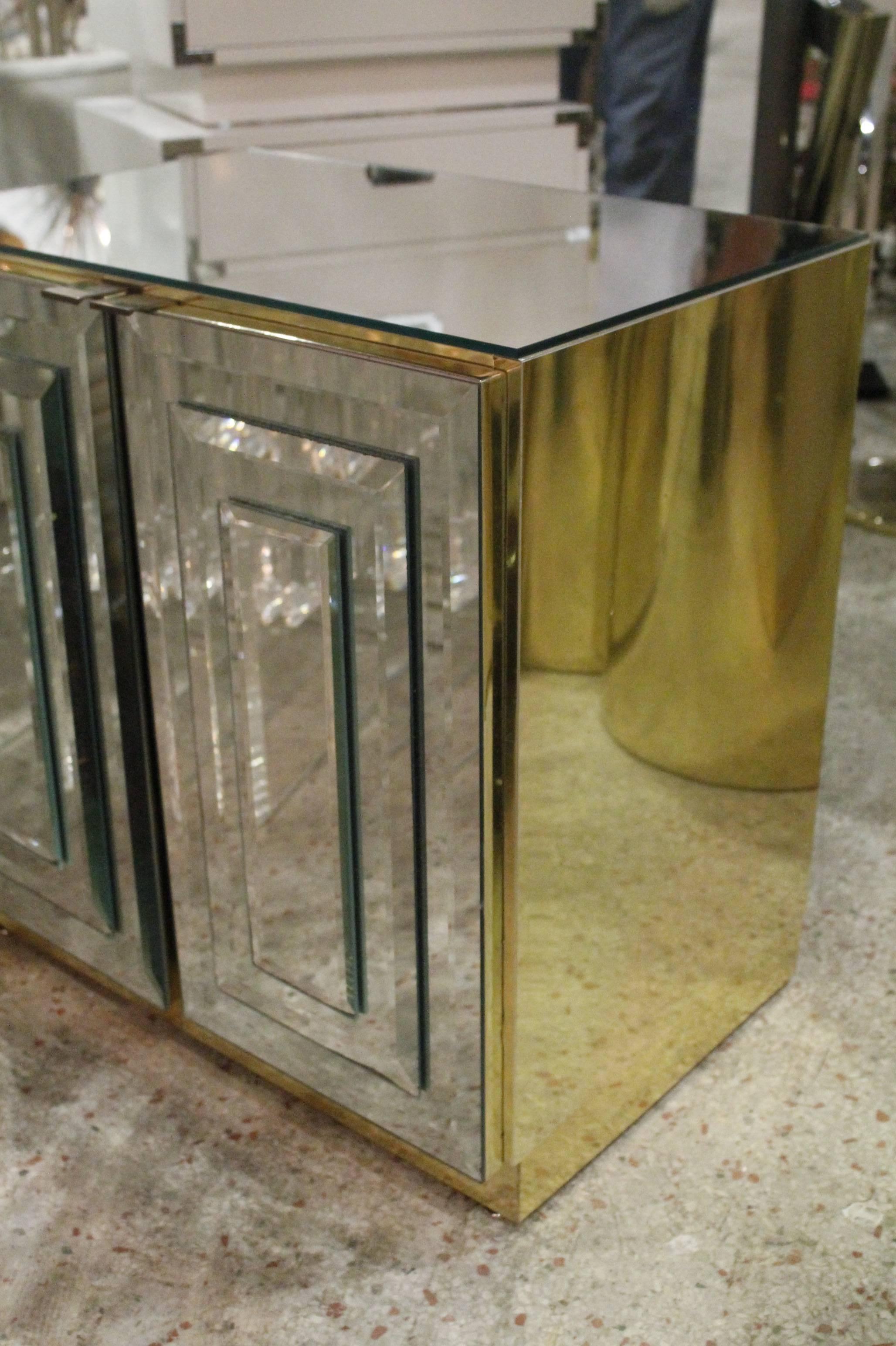 Ello Pair of Mirrored Mirror Brass Chests End Tables, Hollywood Regency 5