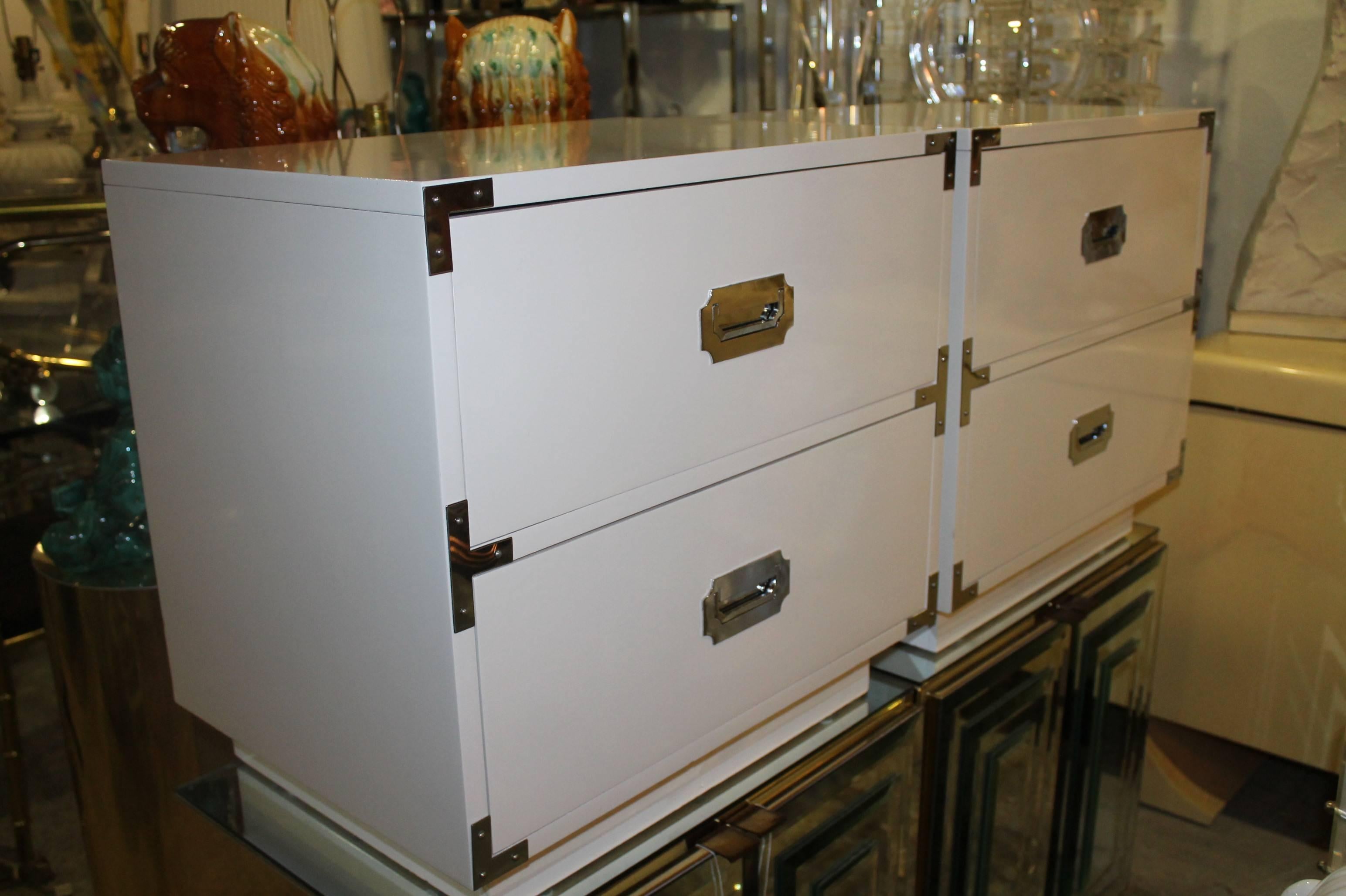 American Pair of Campaign Campaigner Laquered Nightstands Chrome Chests Side Tables End
